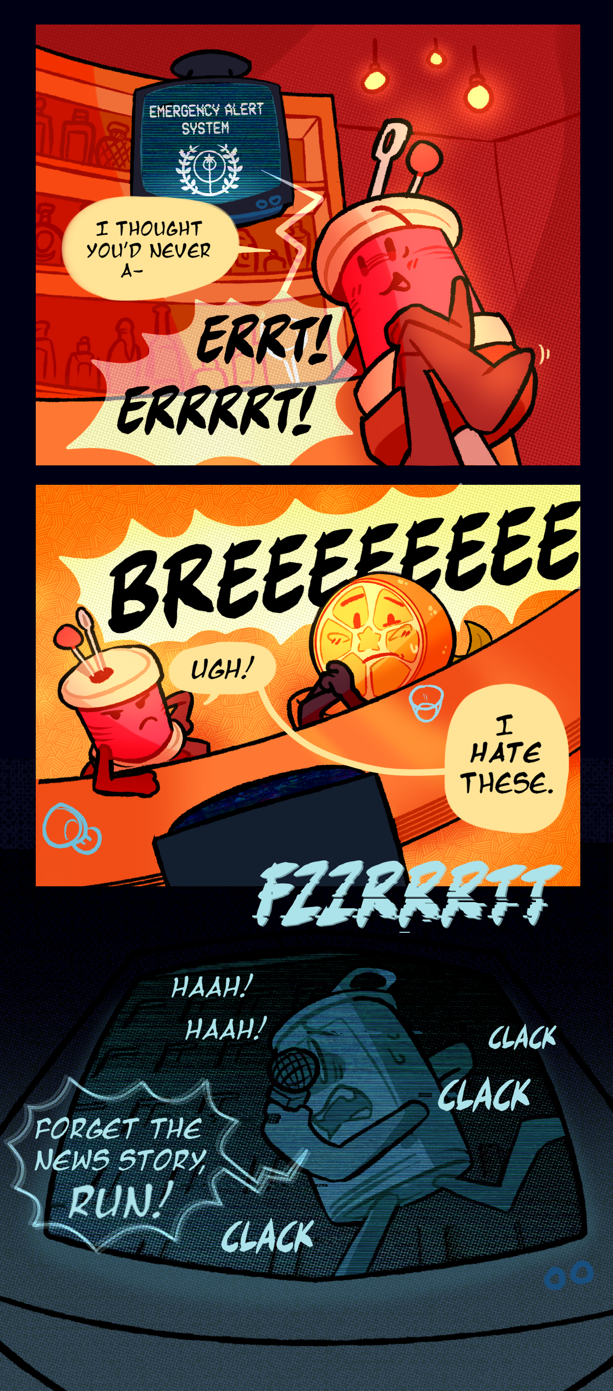 Spool tries to say i thought you'd never ask but gets interrupted by the television hanging over the bar. The television displays an emergency alert graphic and starts to beep loudly over them. Spool says ugh! I hate these. The TV makes loud static sounds and cuts to a news reporter running down the street. The news reporter says,  forget the news story, run!