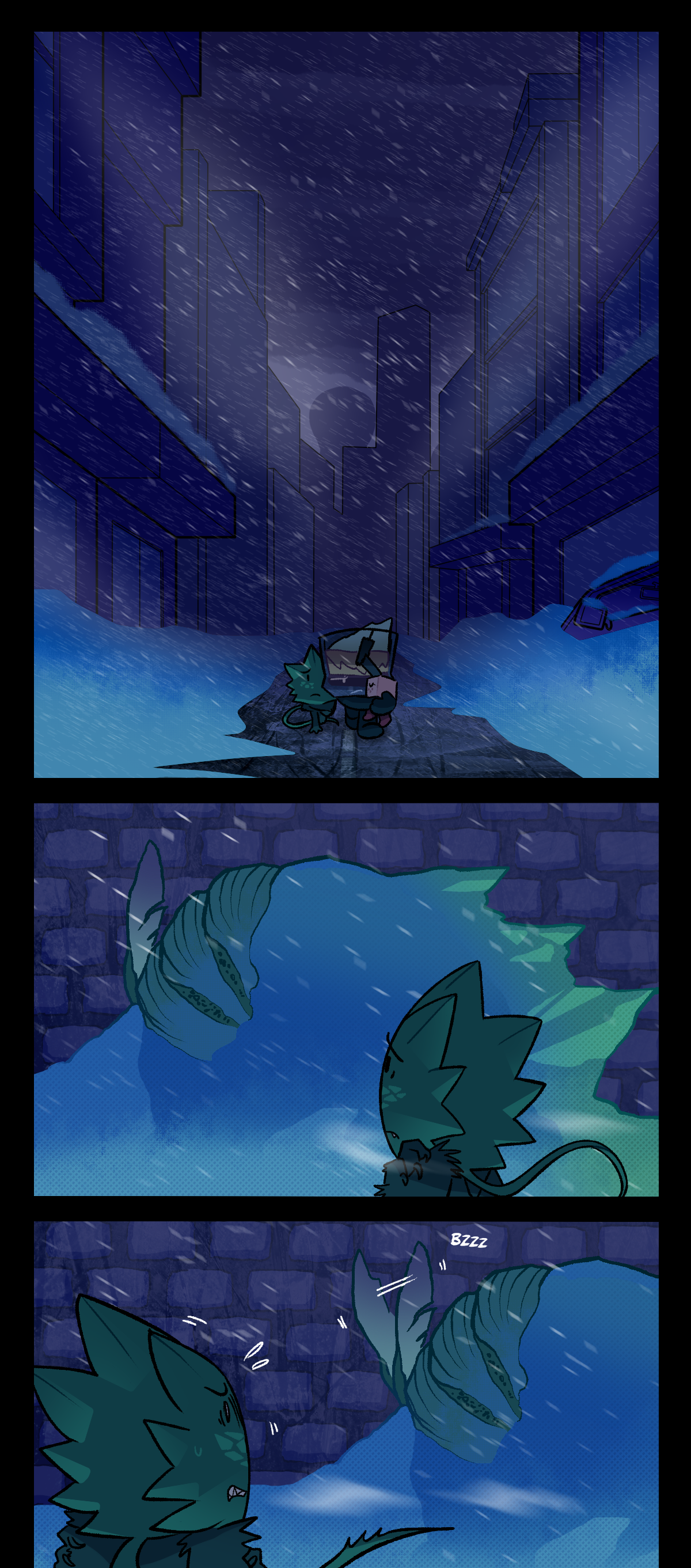 Brandy, Minty, and Sugarcube walk through the frozen Center Ring. Brandy is holding their daughter in his arms while she sleeps. Minty walks past a frozen assimilated object. The frozen assimilated object's wing twitches, making a sound that scares Minty. Text says buzz.