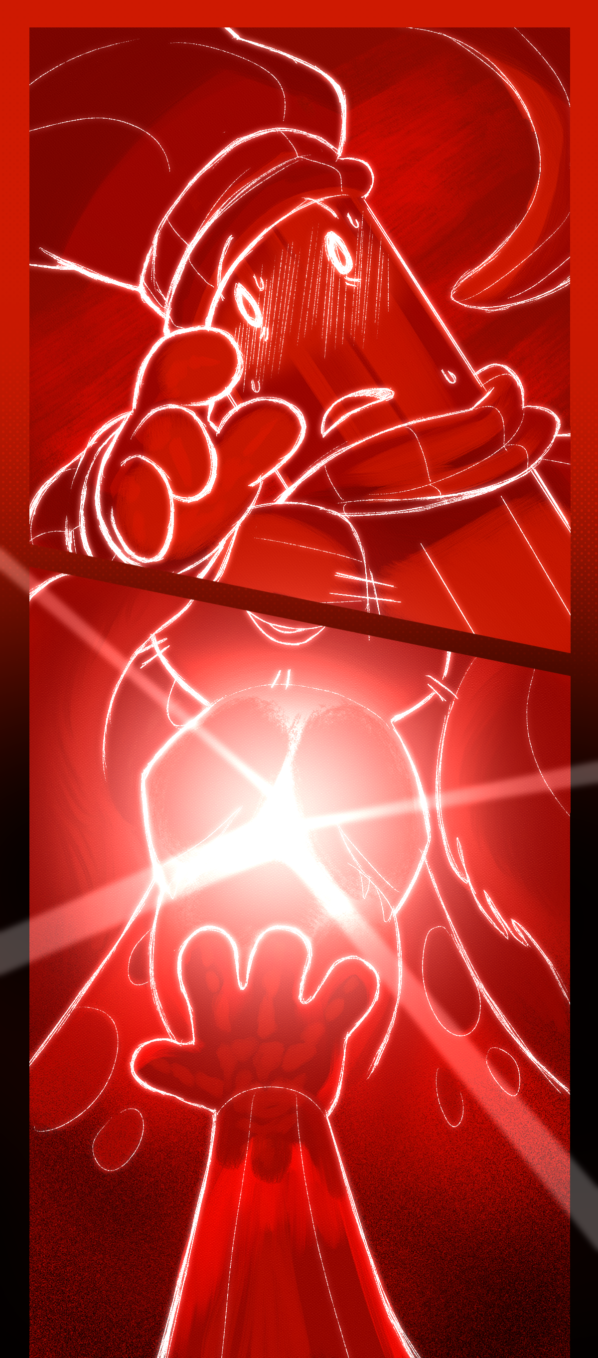 Painkiller, eyebrows raising in shock, raises a hand and reaches out towards the glow. the bones of their hand and wrist can be seen through their skin, as if the light were shining straight through. Carrot is still smiling.