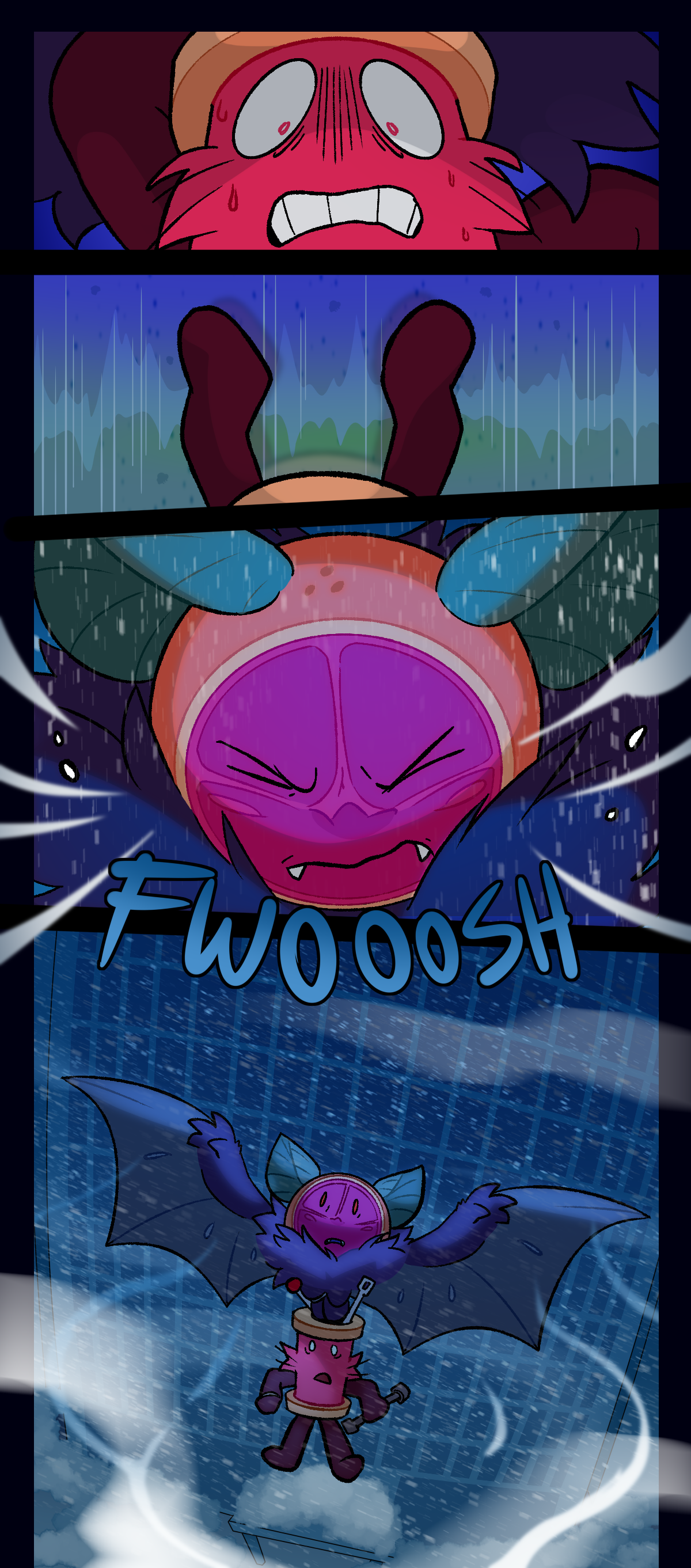 Spool stares down, freaked out, as they fly over the giant pool of the slime that kept them trapped before, now half frozen. With a fwoosh, Citrus flies them all the way outside, both of them stopping to stare up at the sky.