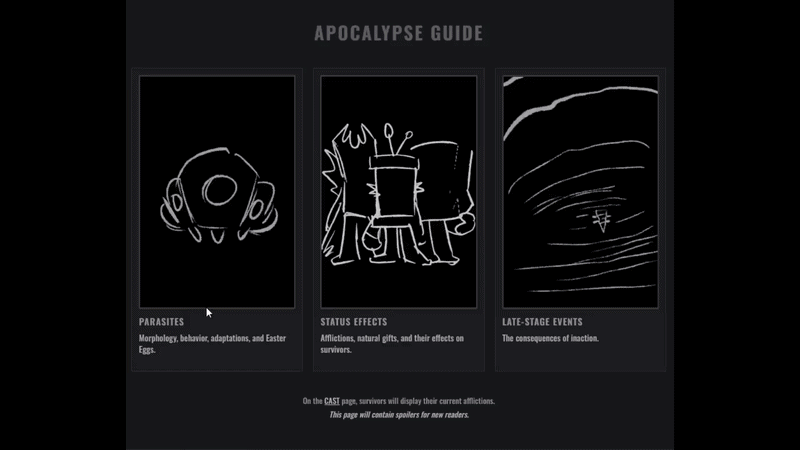 A screen recording of a mouse hovering over three options in the HTML apocalypse guide with placeholder assets. The mouse clicks on some options in a navigation menu to access the description for ID_HIVECORE, which is much longer than its description in the old apocalypse guide.