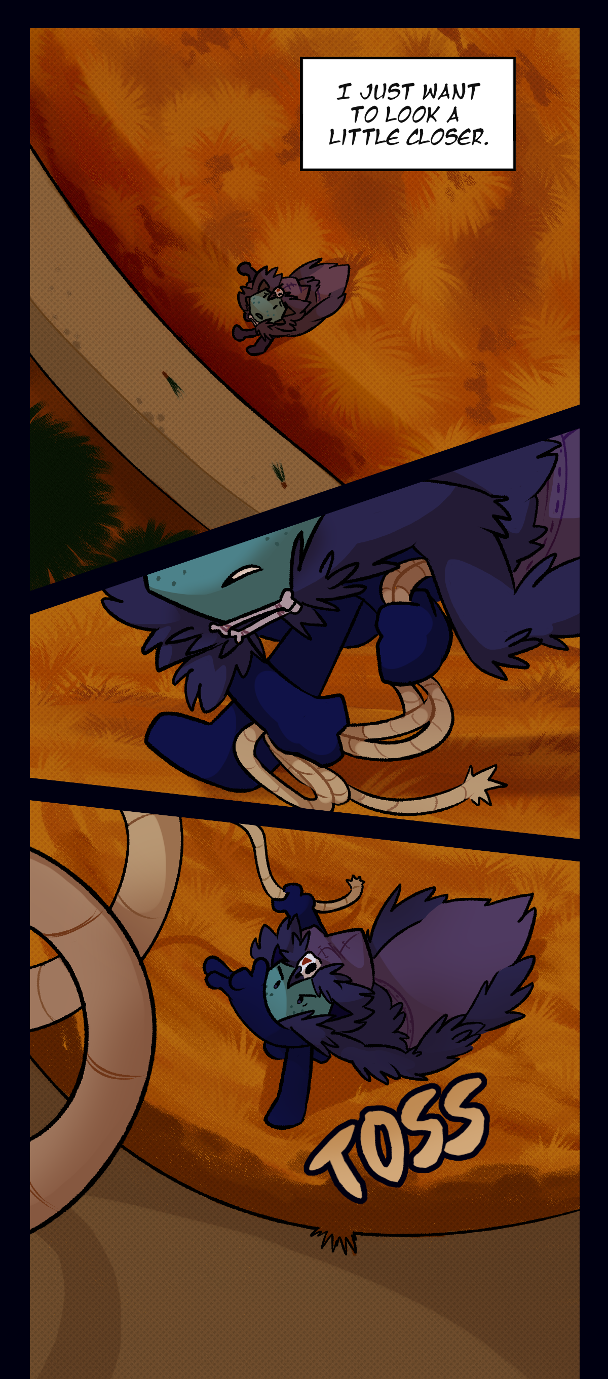 Comet runs up to the wall on the edge of outer ring thinking, I just want to look a little closer. she pulls a rope from her cloak and throws it over the wall. Text says toss.