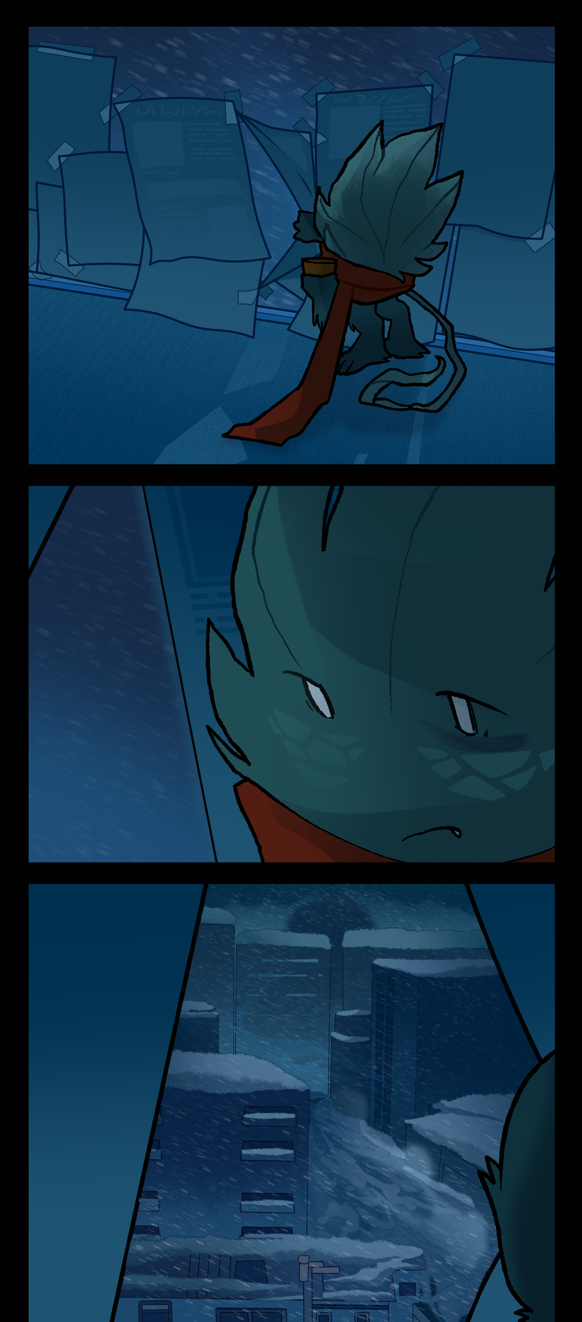 Minty pulls a sheet of newspaper away from the window to look outside. He is holding a cup of water. A shot closer to his face reveals that he is hardly bruised anymore, meaning some time has passed. Outside of the window, Center Ring is covered in frozen egstrom and snow.
