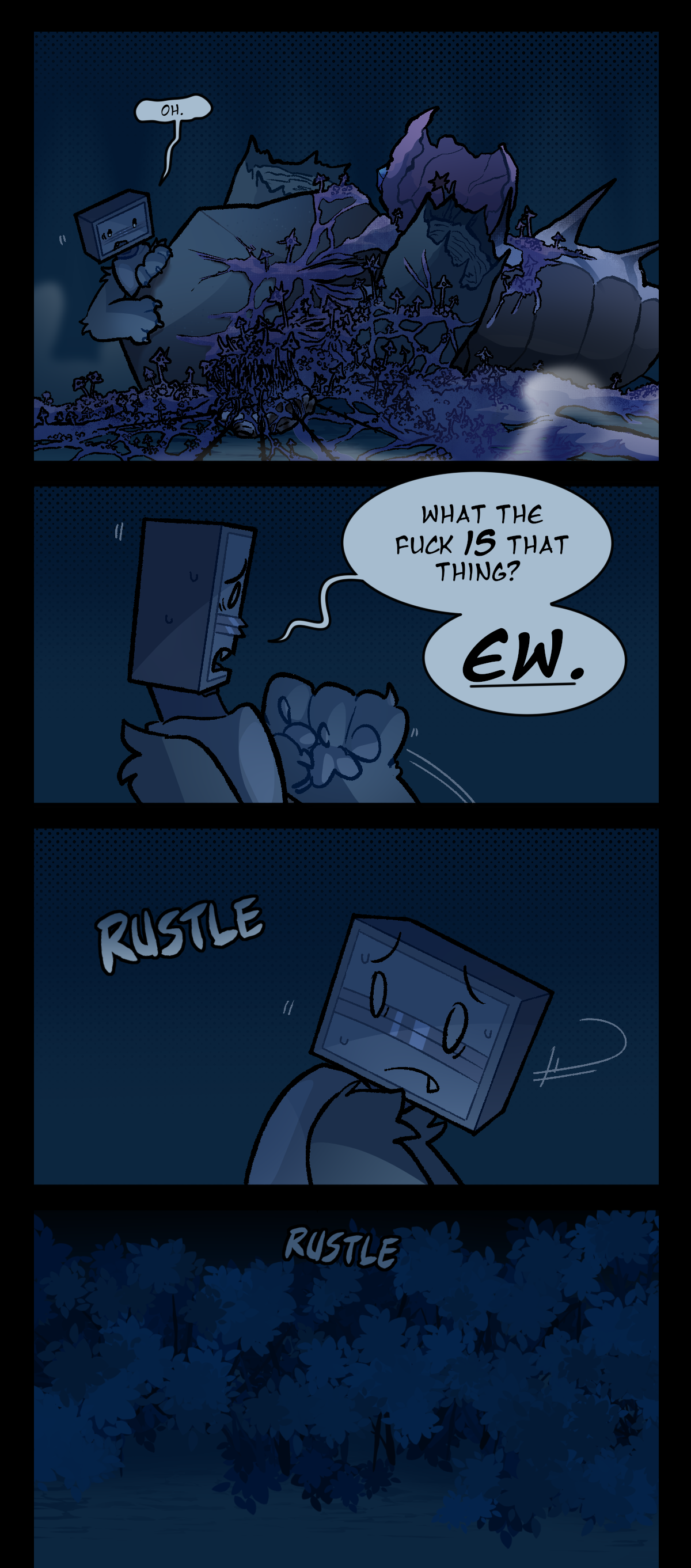 They look over at the other side of the corpse, seeing its remains absolutely overgrown with mushrooms. They say, Oh. Then, recoiling, they ask, What the fuck is that thing? Ew. Sound effect text behind them reads, Rustle, as a noise draws their attention. They look over their shoulder at the bushes, where another sound effect says, Rustle.