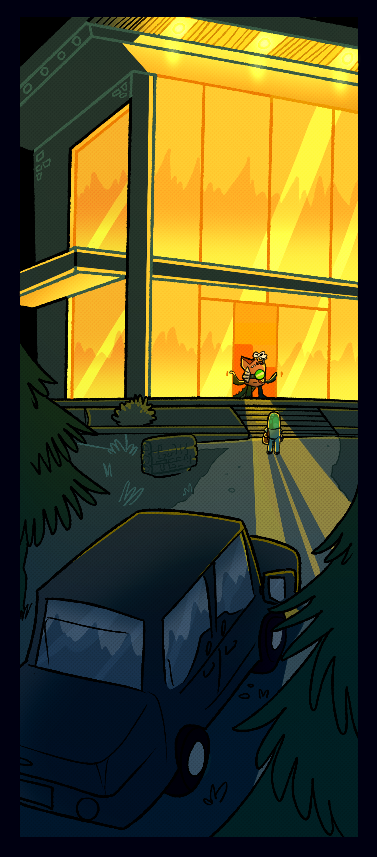 
Fossil opens the lab doors for Painkiller, the building a beacon of warm light against the cool darkness of the night. Painkiller's shadow, like that of the train earlier, casts long. The car is left behind, parked.
