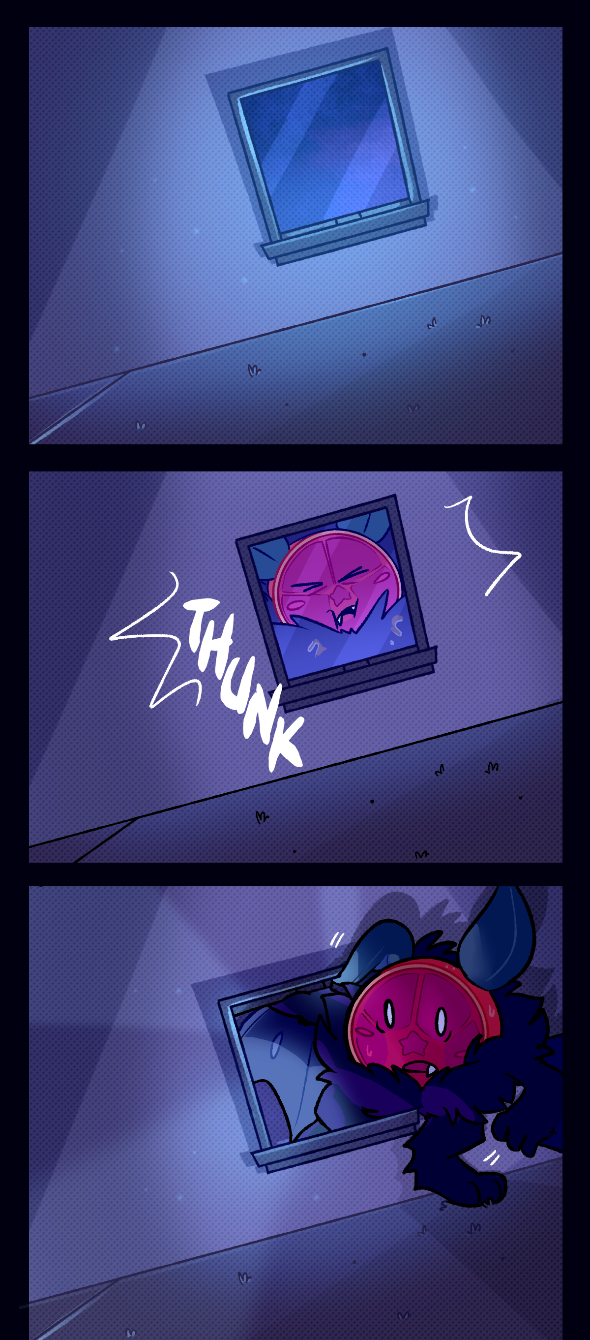 Inside of a dark apartment, the night sky can be seen outside the window. Suddenly, panicked looking Citrus thunks into the glass, before opening the window and climbing into the room.