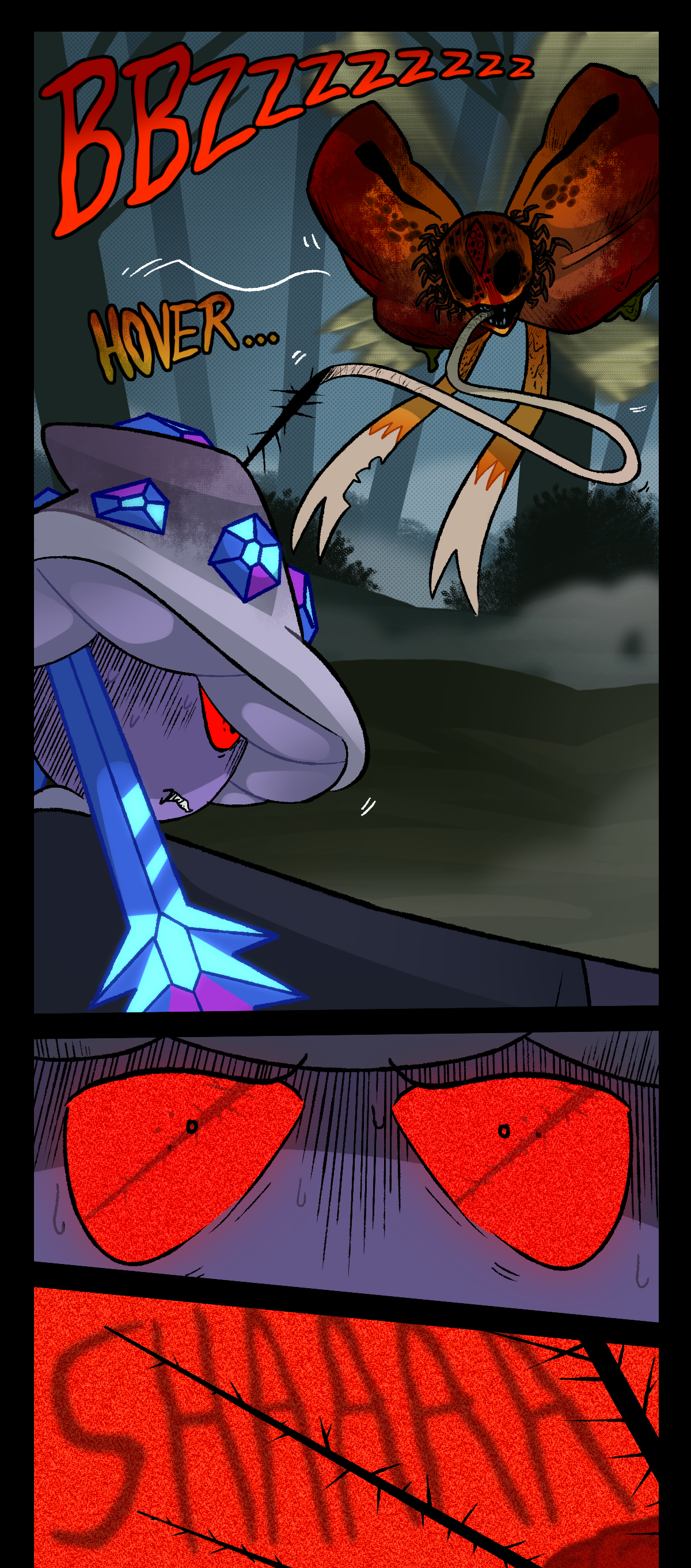 Buzzing continues. Text says hover. The parasite cautiously circles around Mushroom, trying to see Dynamite. Mushroom stays between the parasite and her friend, turning her body. Mushroom is staring at the parasite's Shroud mutation, remembering and getting flashbacks to the Shroud.