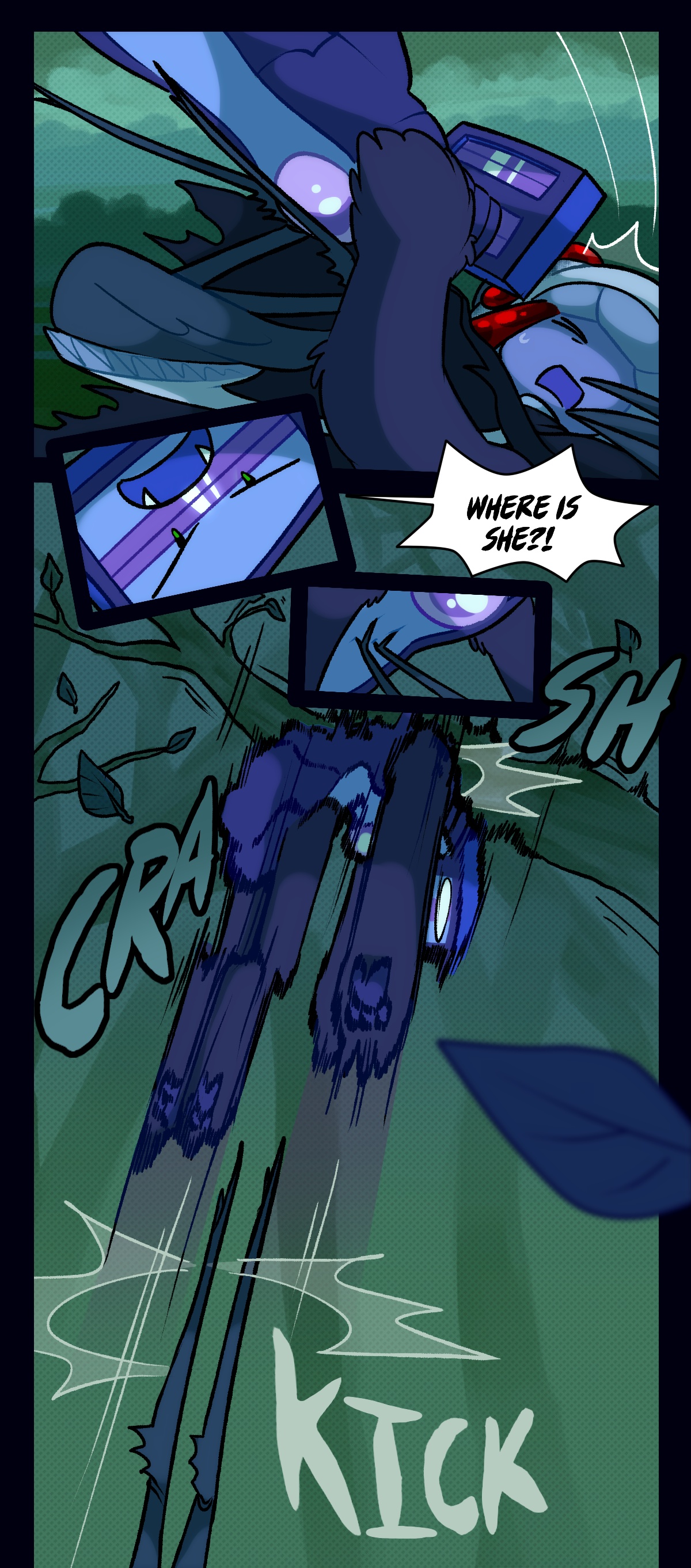 Schick shouts, where is she? Text says crash and kick.