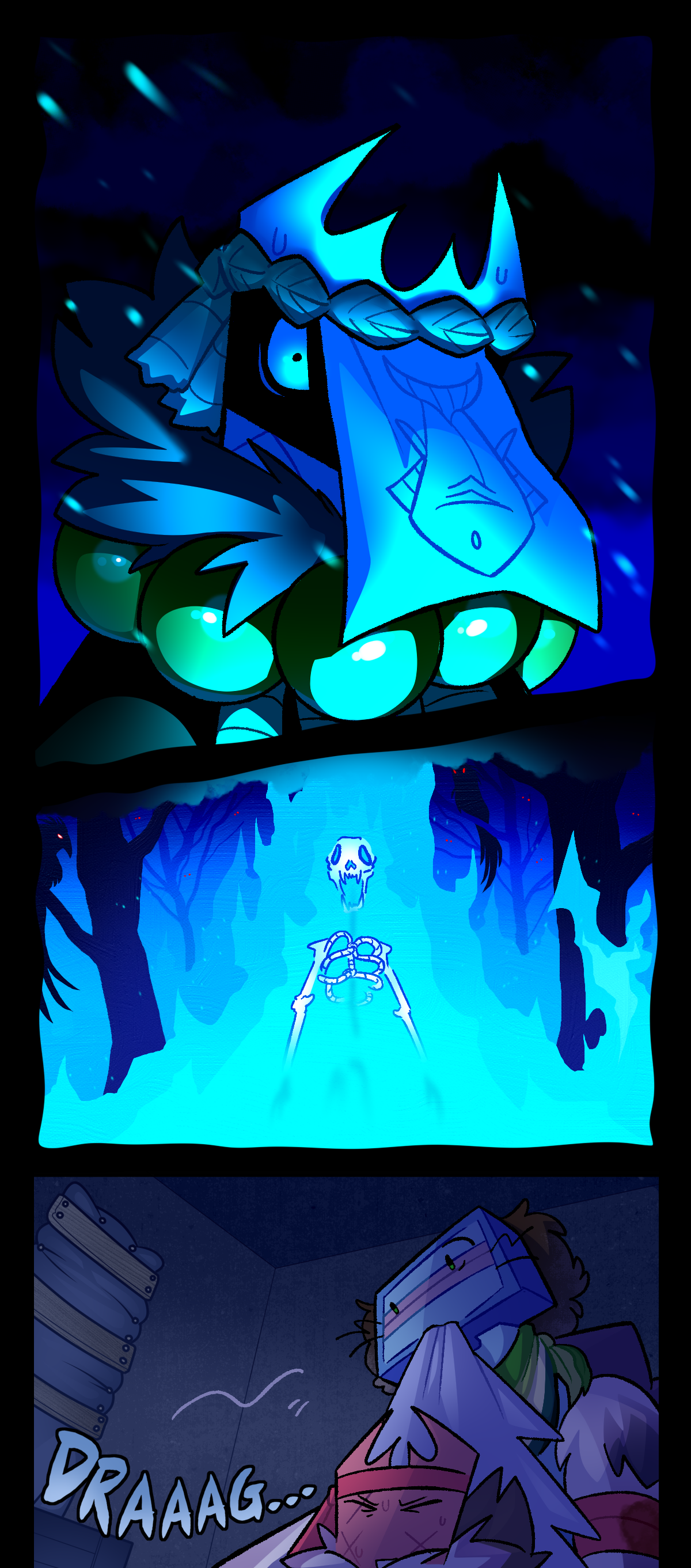 Meanwhile, Gum is having a nightmare. Blue embers fly past her as she stares forward with a terrified expression. Before her stands Wick, engulfed in blue flames as nothing but bone and ropes. Morrigan's sentinels perch on the burning trees around her. The skull of a fox is visible in place of Wick's head, the jaw hanging open. Razor takes Gum's wrapper in her mouth and drags her across the room, glancing towards the window. Text says drag.
