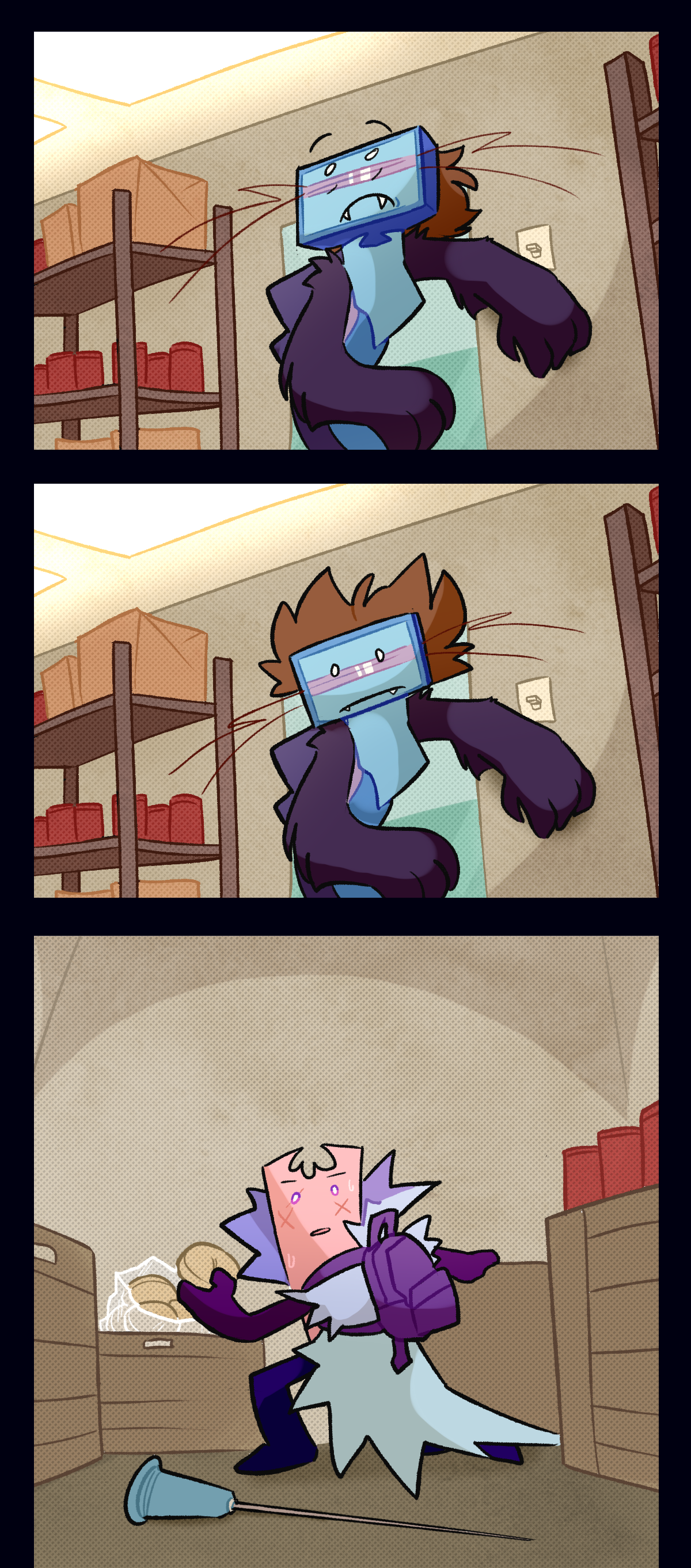 Razor looks up at the light in confusion, hunched over protectively, then looks down again at the object across the room. Sweating, Gum stares back, kneeling in front of some storage boxes and holding a burger bun in her hand. There is a large, sharp needle lying on the floor behind her.