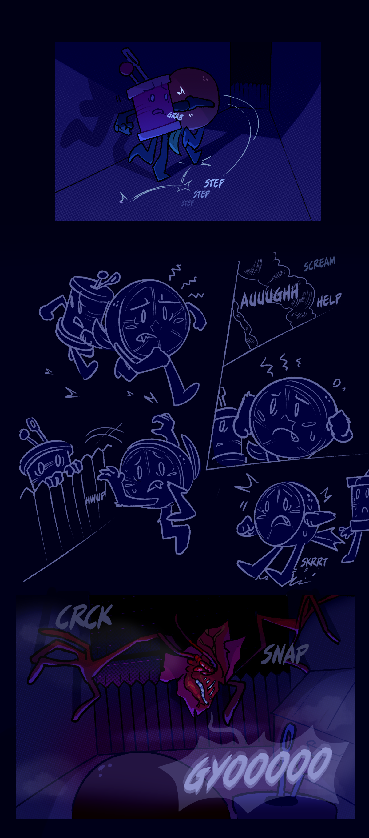 Citrus grabs spools hand and runs deeper into the dark alleyways. Text says grab and repeats the word step. More text reads scream, ah, and help. Citrus grunts as he hops a fence and skids to a halt. Text reads snap and crack as a second mutant object climbs a fence towards them. The mutant object makes a haunting call.