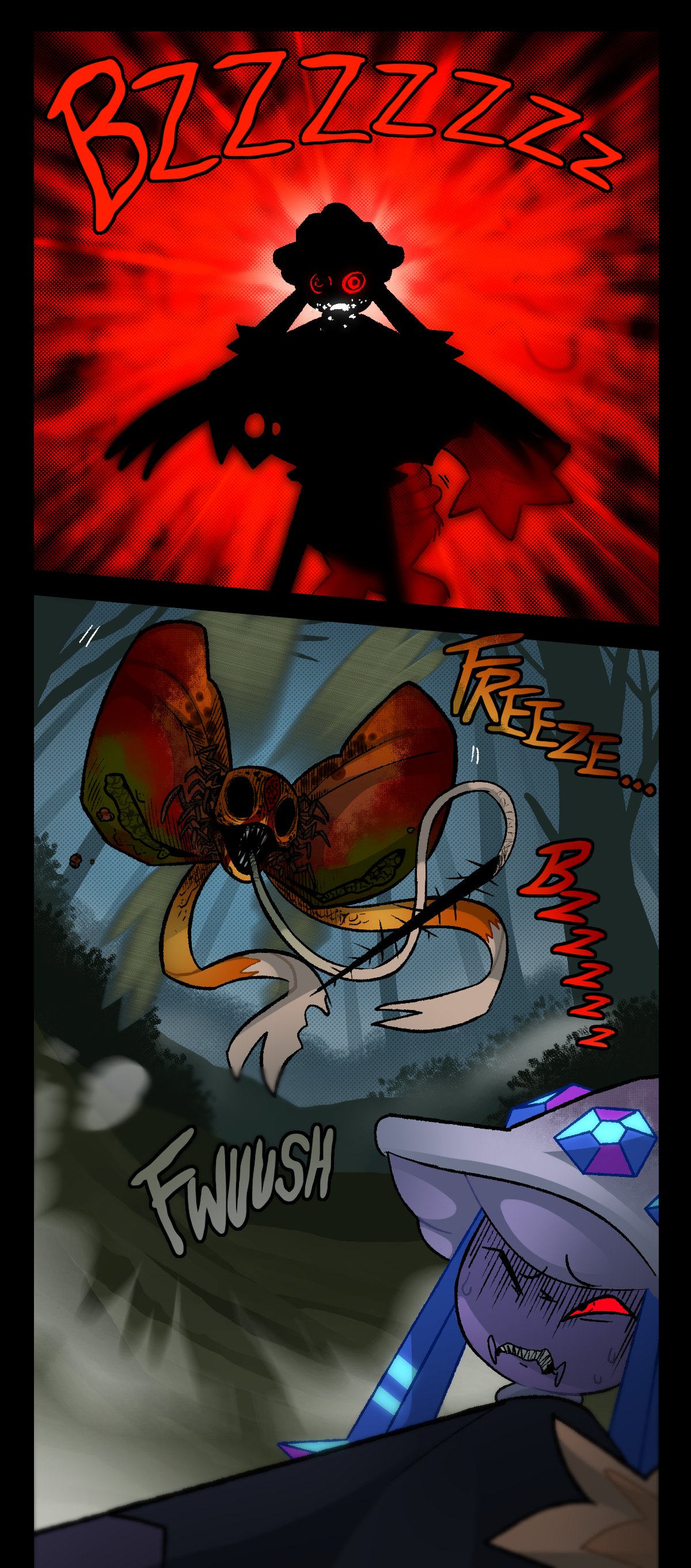 The buzzing continues. From the flying parasite's point of view, mycelium is visible in Mushroom's mouth. The assimilated object halts abruptly, sending a gust of air and fog towards Mushroom and Dynamite. Text says freeze, buzz, and fwoosh.