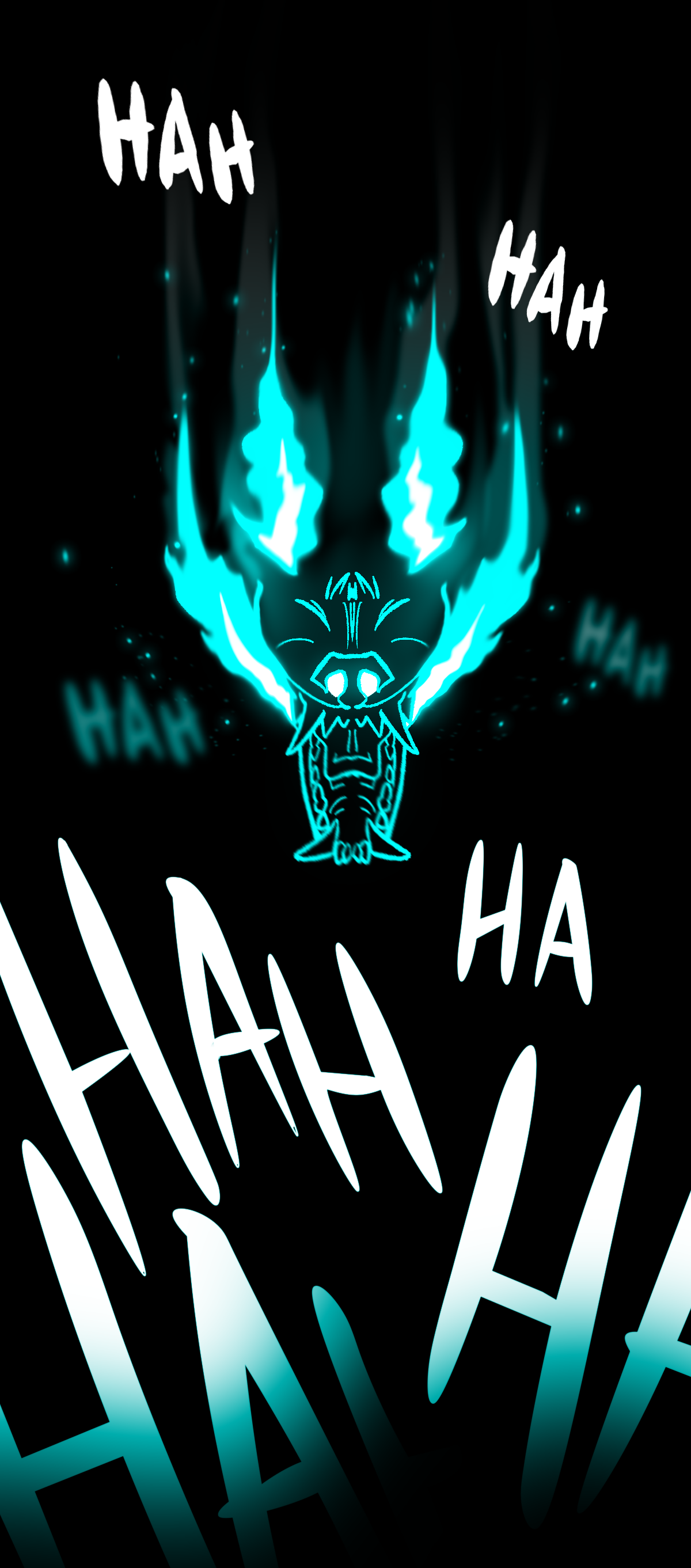 The laughing text continues to fill the page as suddenly the face of a fox appears, highlighted in blue with blue flames coming from its eyes and jaws.