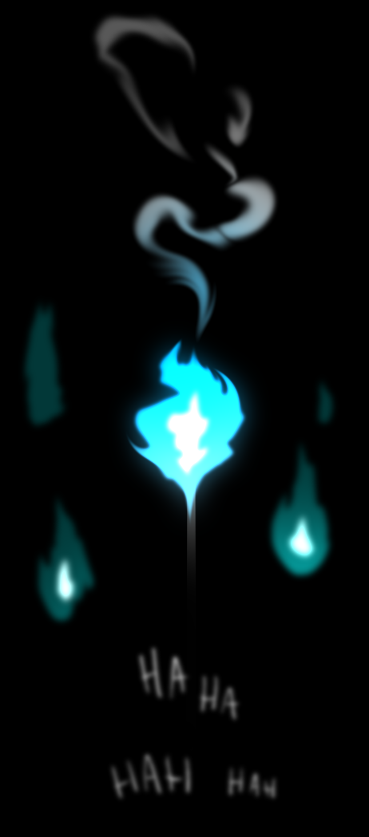 A blue flame appears in the center of the page, surrounded by other blurrier blue flames. Text at the bottom continues to read, Ha ha hah hah.
