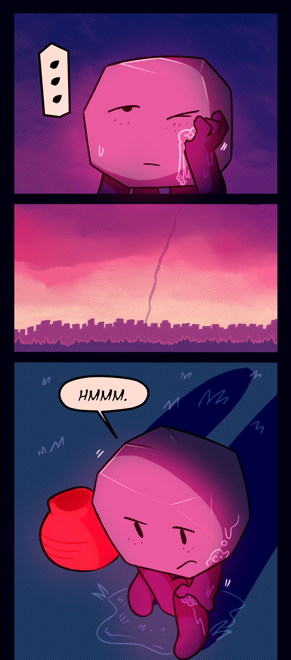 Quietly, they look out again towards the city, washing their face. The next panel shows a shot from their point of view, showing that there's a single smokestack rising from the distant buildings. Comet hums thoughtfully, continuing their bath.