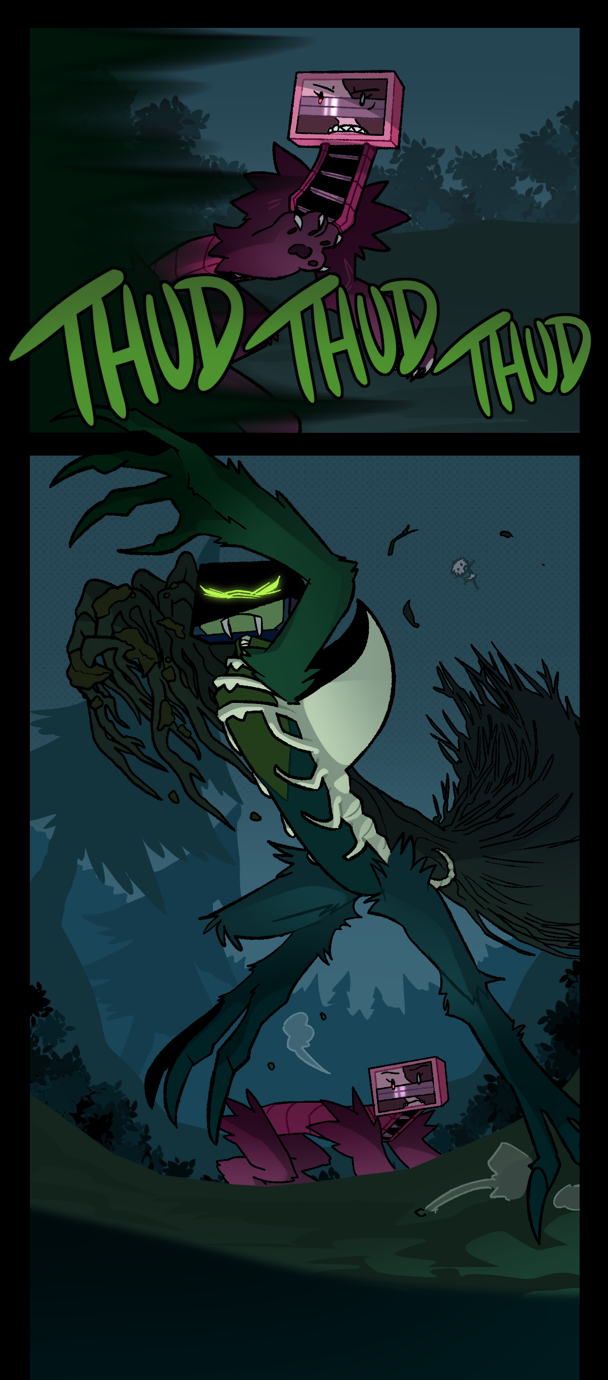 The thuds get bigger and louder as Billie sprints past Pana. Pana stares at Billie as she prepares to throw a tree she tore out of the ground.
