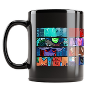 A mug featuring 16 long snippets of every character portrait for the book one main cast.