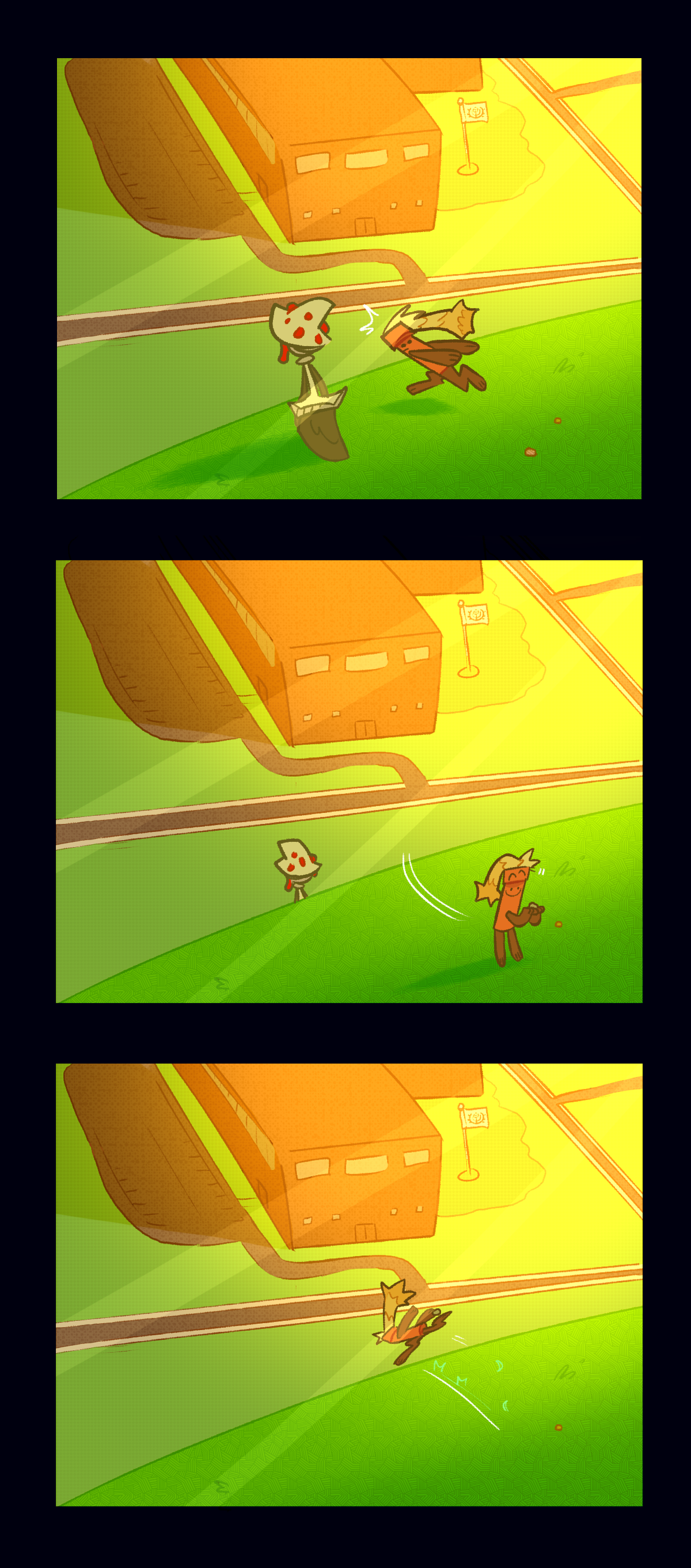 While running down the hill like naruto dynamite sees a cool rock and stops to take it with him. 