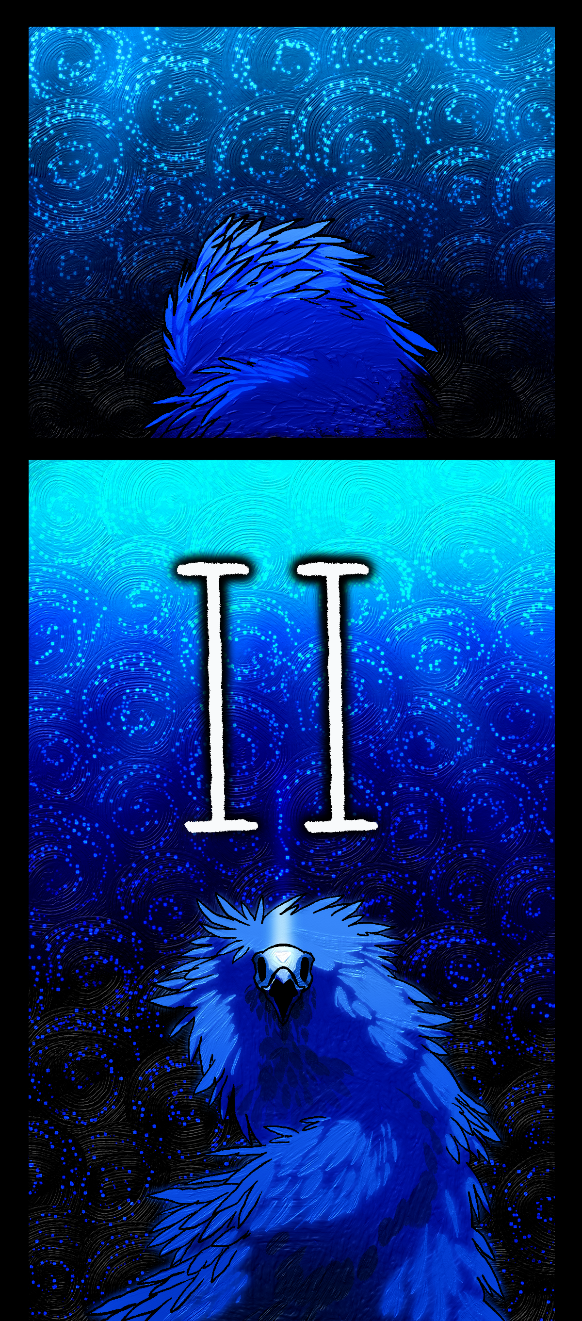 Spiraling oil paint brush strokes fill the night sky, filled with stars. The Nightcrawler is nestled into itself, and then rises in the next panel. Roman numeral two appears above its head in large bold text. The Nightcrawler faces towards the viewer, the triangular mark on its head now visible and glowing. As a result, it resembles Comet's cloak more closely.