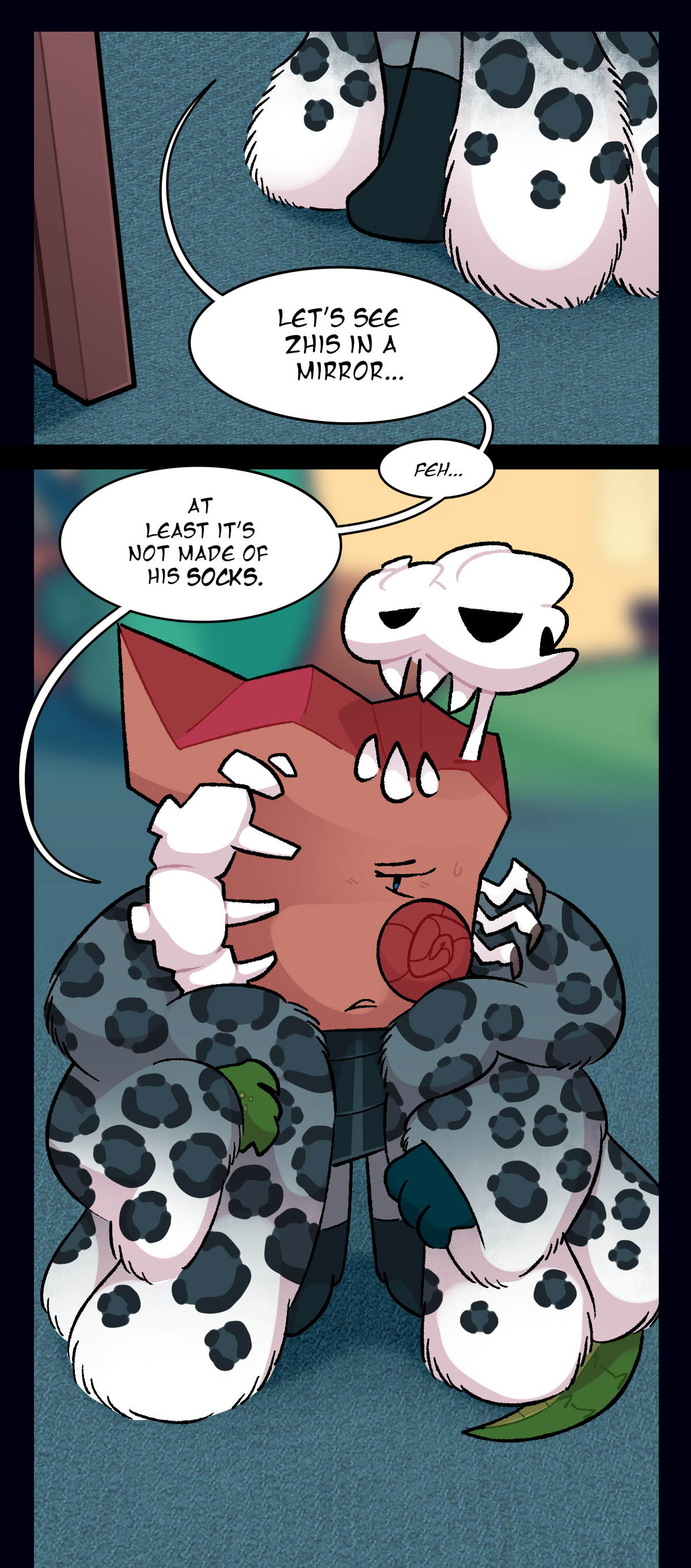 She says, Let's see this in a mirror, going to look herself over wearing the gift. It's a full outfit, consisting primarily of a leopard print fur coat, but also a loose shirt and heeled boots. She scoffs and says, At least it's not made of his socks.