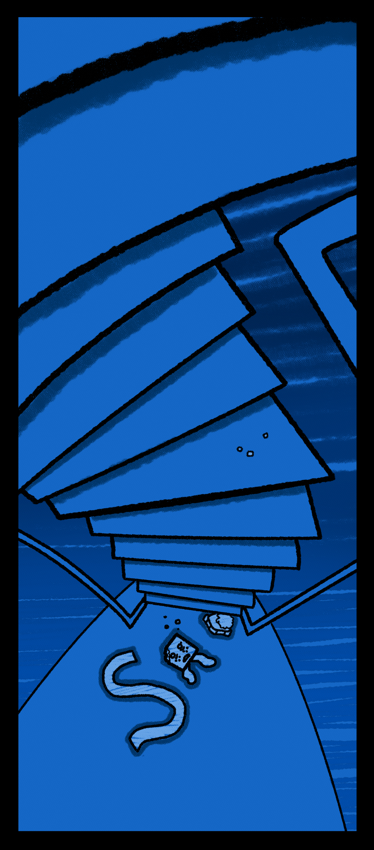 The warped stairs lead downwards towards Sugarcube, who lays on her back in shock. Pieces of her are scattered around on the floor.