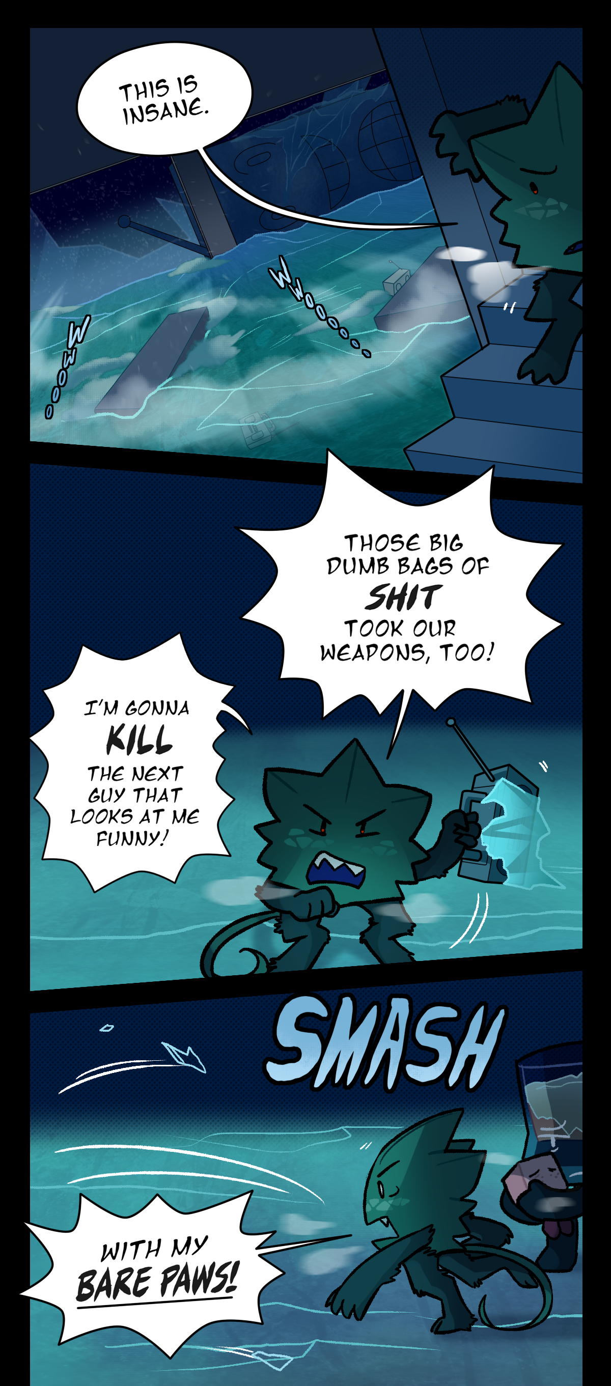 While Minty goes downstairs in the radio store, he says, This is insane. Text describes the sounds of harsh winds. The egstrom is frozen over. Minty shouts, Those big dumb bags of shit took our weapons, too! I'm gonna kill the next guy that looks at me funny! With my bare paws! Minty throws a frozen radio at a window, text says smash.
