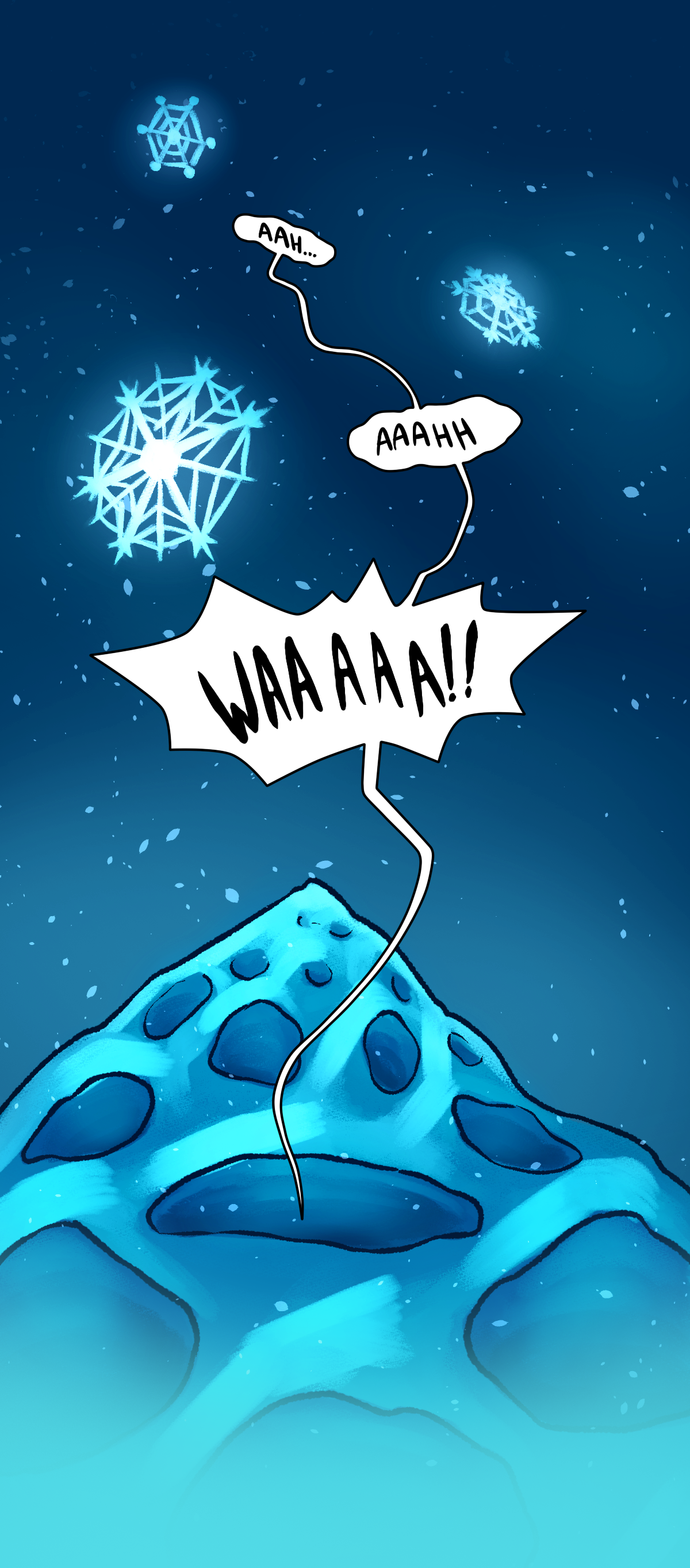 Snowflakes begin to fall gently again as something from inside the holes of the spawning stone begins to cry.