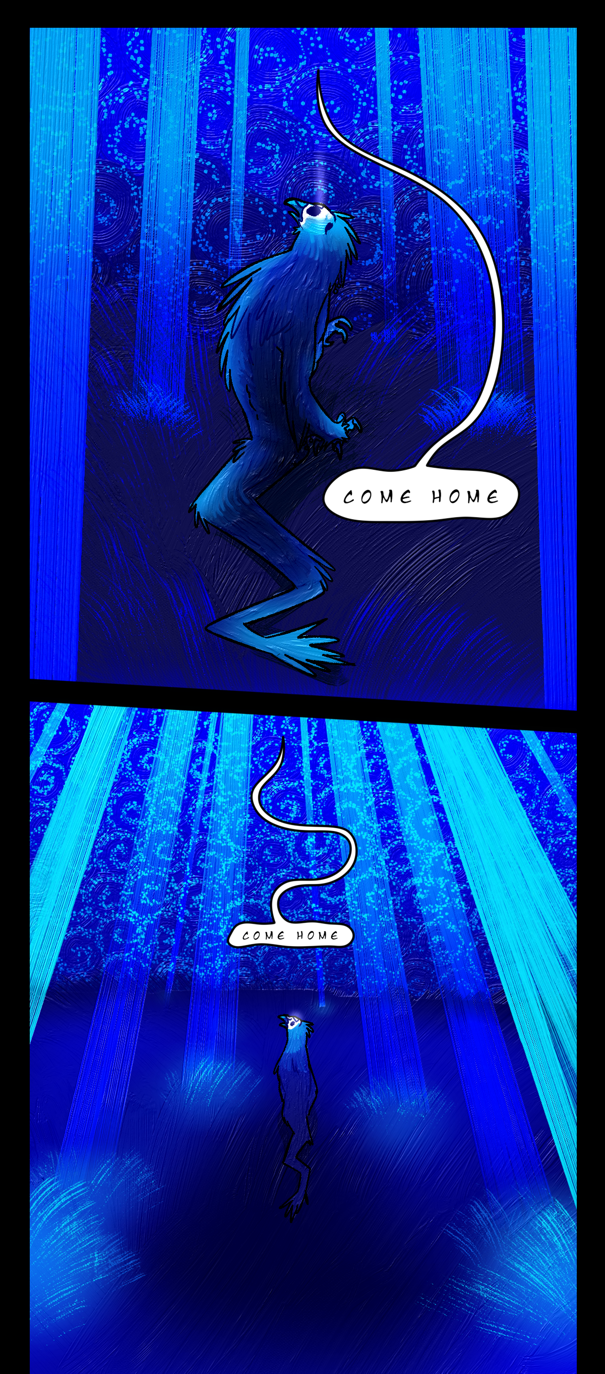 Beams of light appear all around the Nightcrawler. The voice says, Come home. In a wider shot the voice repeats, Come home.