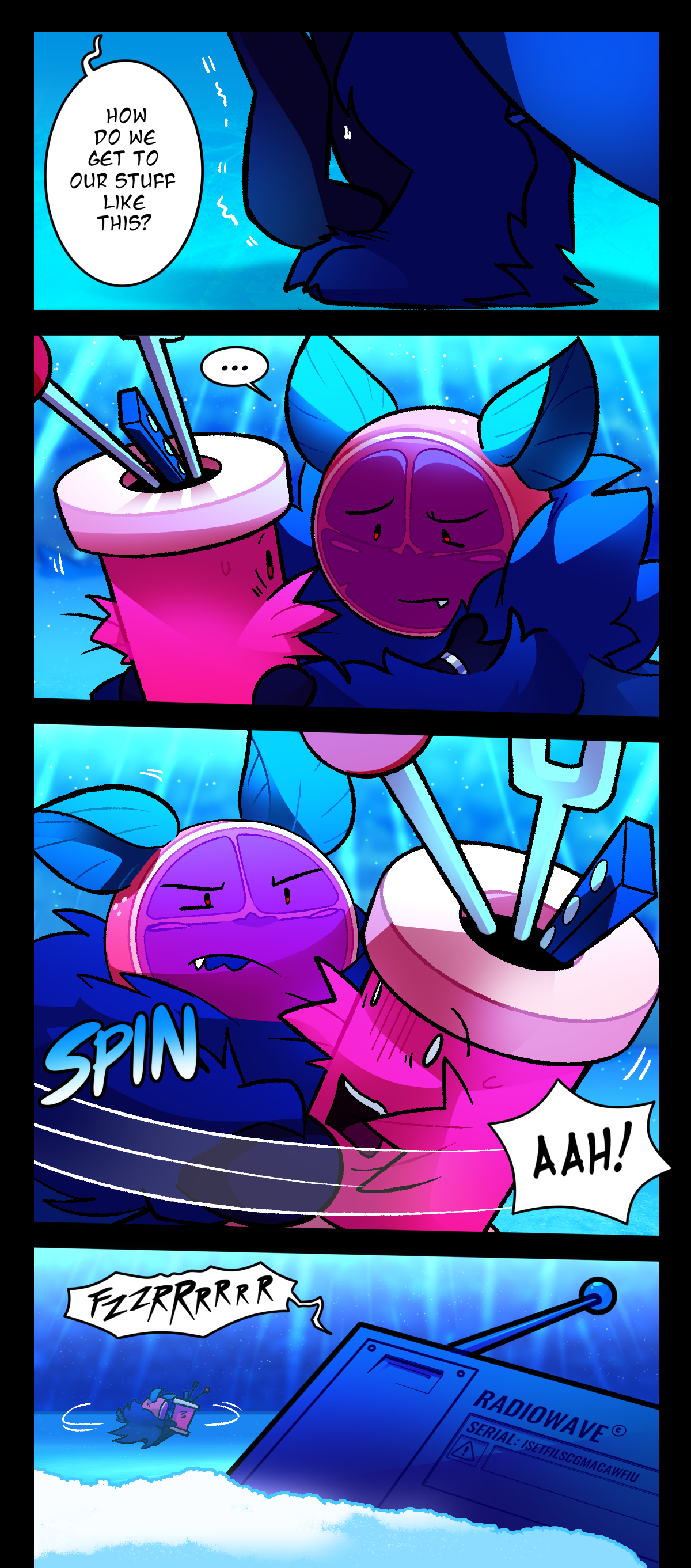 Spool stands on Citrus, or his feet, because he does not want to touch the ice. Spool asks him, How do we get to our stuff like this? Citrus looks down at them, thinking, before swinging Spool around. Text says spin as Spool shouts. A radio in the snow, left over from before, turns on by itself and plays static as the two can be seen spining on the ice in the background.