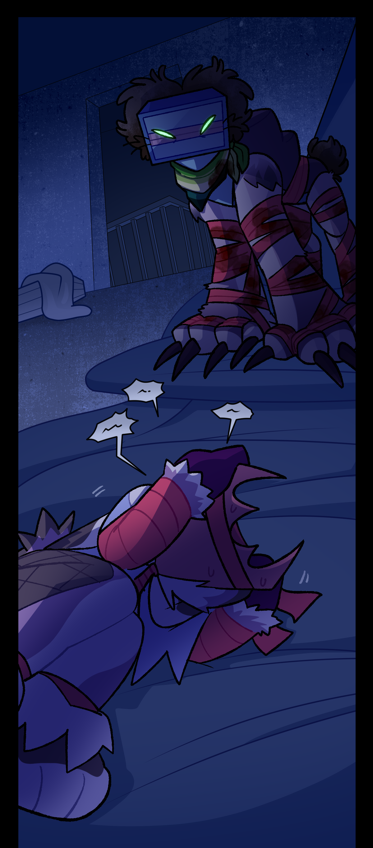 Razor stands menacingly behind Gum, who is curled into a ball and muttering on the floor while she sleeps.