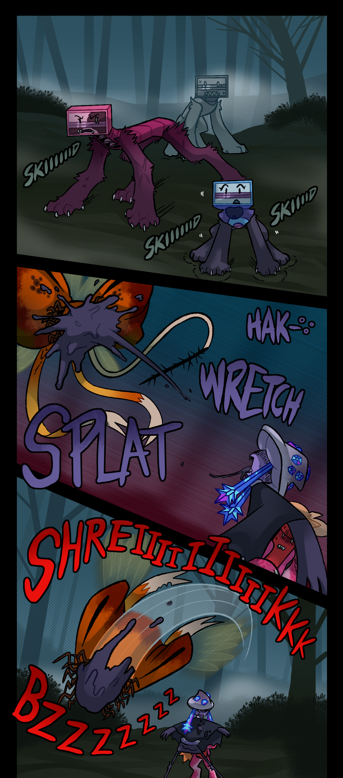 The razors stop. Text says skid. They stare as Mushroom projectile vomits onto the parasite. Text says hack, wretch, and splat. The assimilated object shrieks and flies blindly away.
