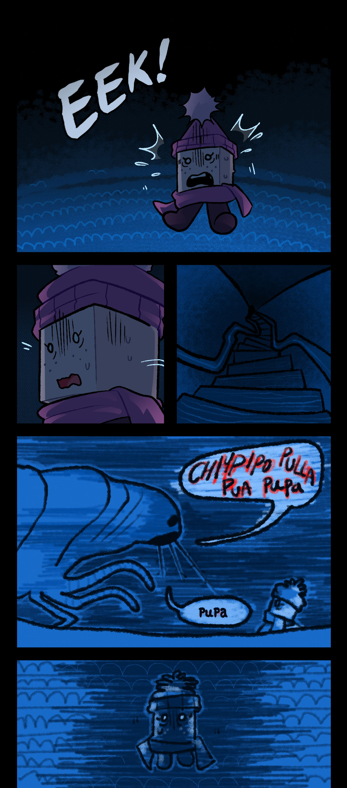 Sugarcube jumps up, yelping. She turns towards the stairs, but they begin to warp and twist. The assimilated object looms over her, muttering nonsense. Finally, it forms a word. Pupa. Sugarcube stares up at it in horror.