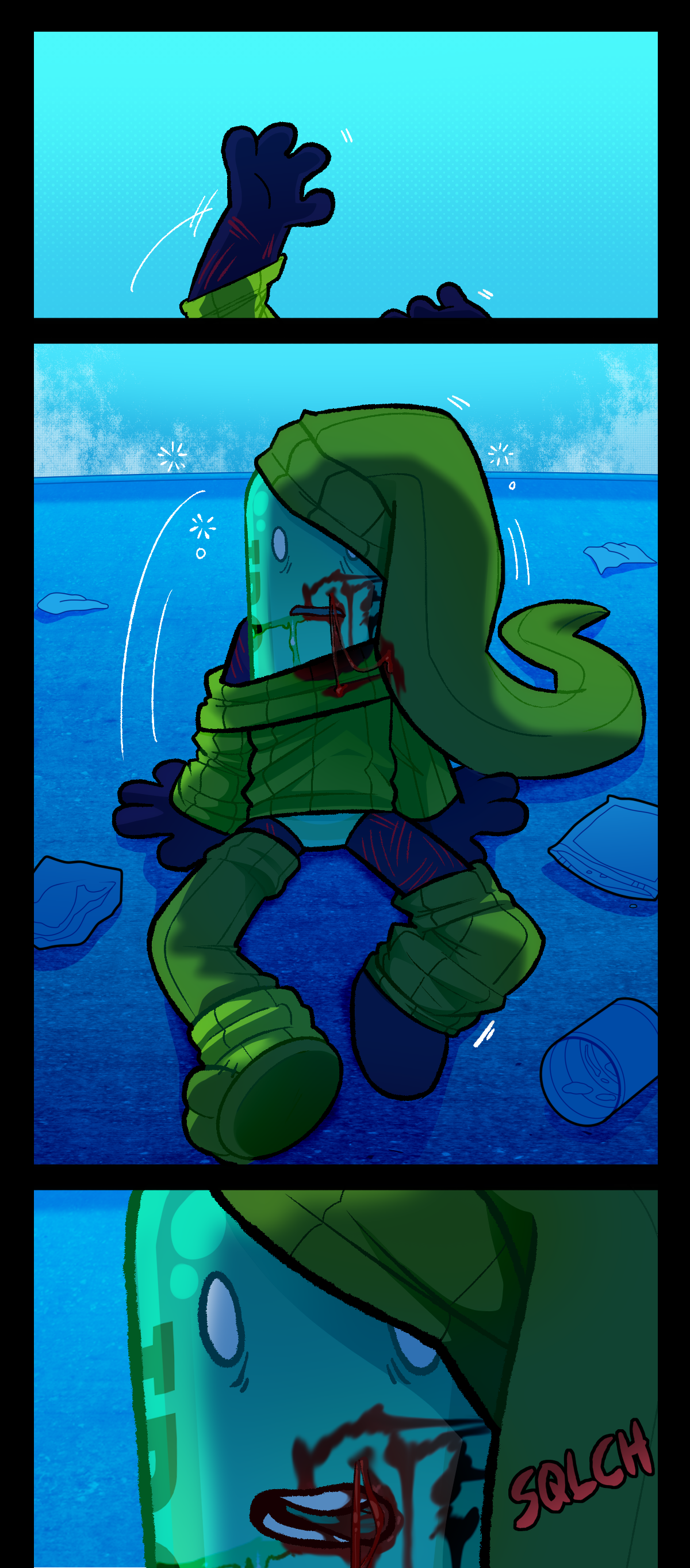 Painkiller sits up, dazed. They have blood, spit, and snot on their face and their skin is covered in scratch marks. Painkiller licks their lips, making a wet sound.