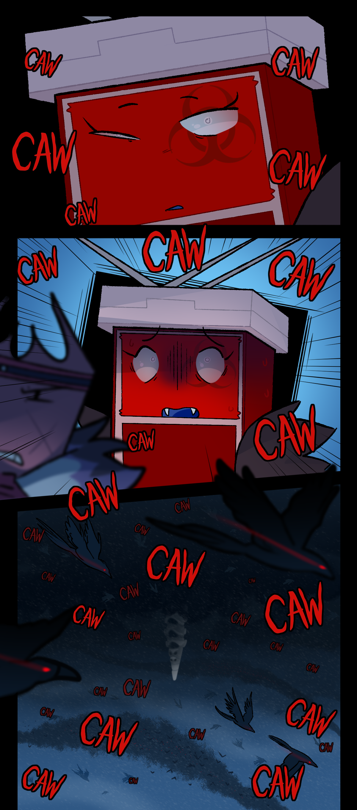 That eye widens as she gets a look at the city for the first time, terror hitting her as she stares up at the sky. Up in the clouds, Threespines looms over the city, now surrounded by massive murders of cawing, diving crows.