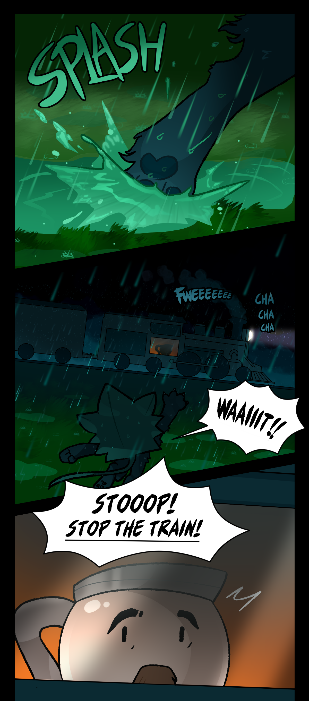 Minty runs through the puddle. Text says splash. A train is moving slowly in the distance. Text describes the sound of the train's whistle and chugging. Minty waves his hand in the air, shouting, Wait! Stop! Stop the train! The conductor notices him through the window of the train.