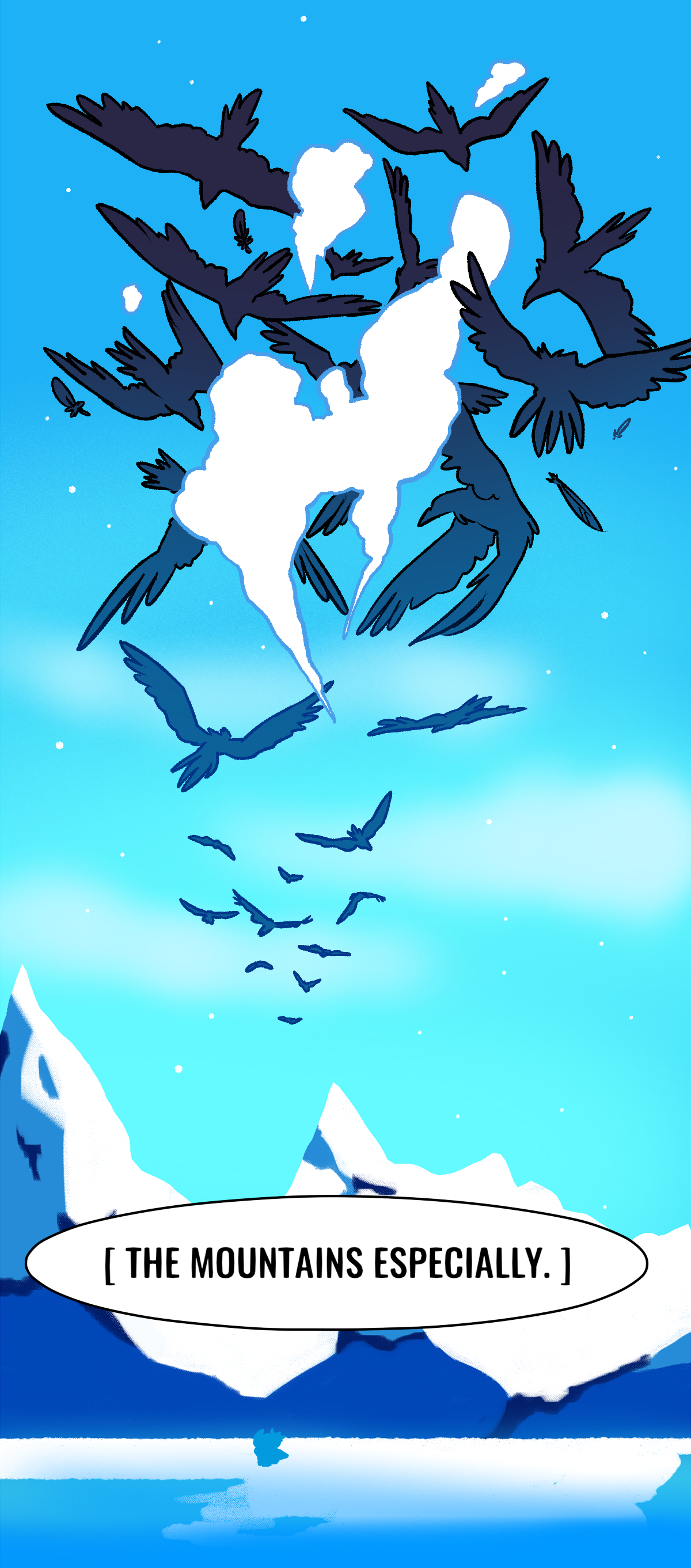 In a puff of white smoke, the crow multiplies. They fly towards Calamondin and Harebell, who are barely visible in the distance.