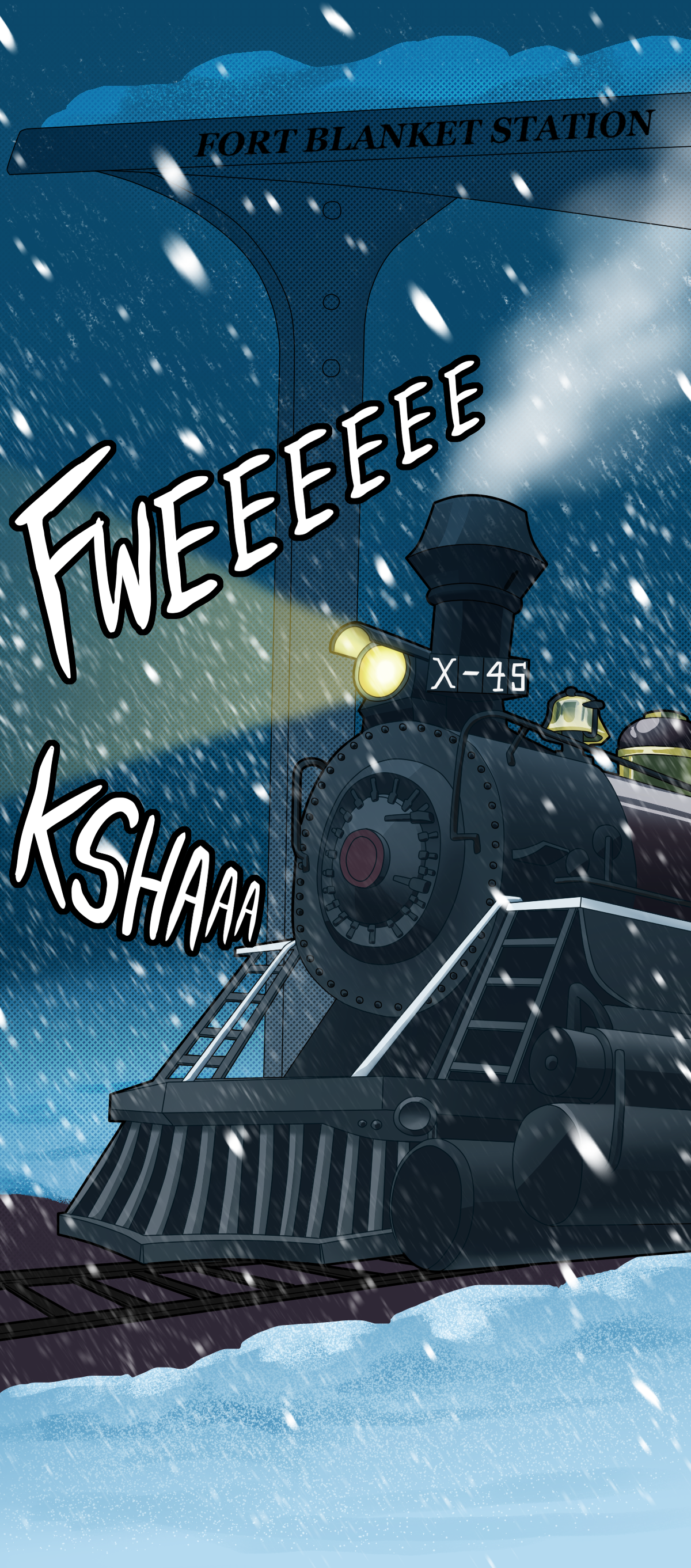 A large metal arch is labeled Fort Blanket Station. Underneath is a train, whistling loudly as it begins to move.