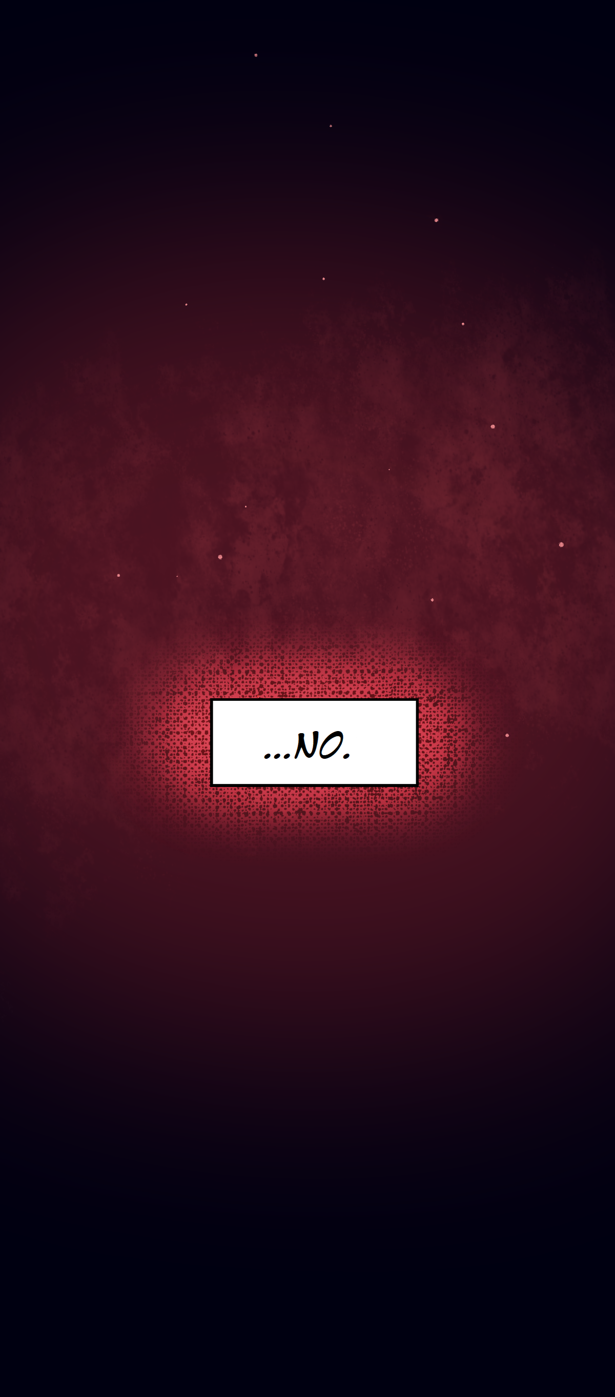 The page goes a murky red, with a dark vignette over the borders. A white text box reads, No.