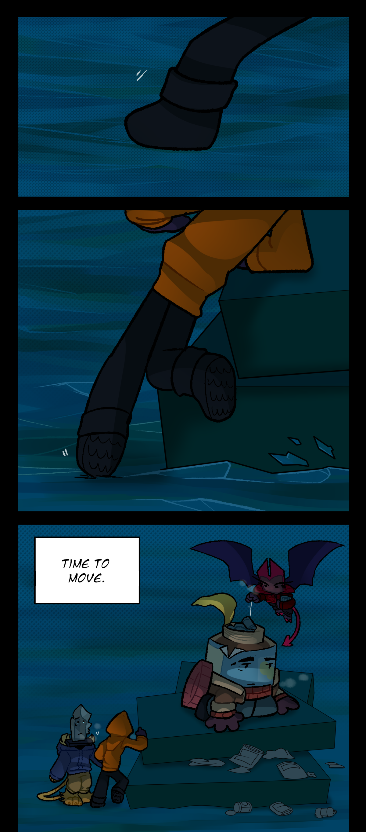 Stylus slowly steps down onto the frozen Egstrom, fully clothed. Dragonscale narrates through text boxes, saying, Time to move. She can be seen dropping supplies into Peanut Butter's jar. All of the bandits are now wearing warm clothes.