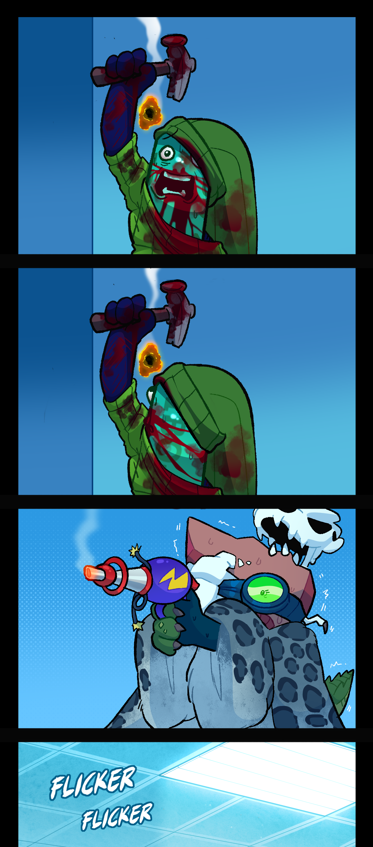 Painkiller holds their pose, making a shocked and distraught expression as a smoldering hole sits perfectly centered between their arm and their head in the wall. Painkiller swivels around to stare at it. In the next panel, Fossil holds the modified ray gun toy while the end of it smokes. She is trembling. The lights in the lab flicker. Text says flicker flicker.