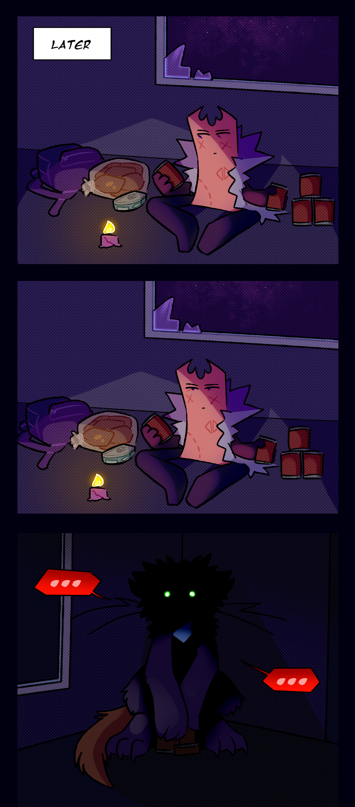 Later, Gum is sitting in a dark apartment, sorting through canned food by candlelight. She looks up, and Razor is sitting on a stack of cans in the corner of the room, her eyes glowing pinpricks in the darkness.