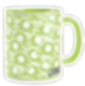 A white mug with a green and white parasite larvae pattern on it. The handle and inside of the mug are also green, and a small objectified logo is in the bottom corner with a black outline.