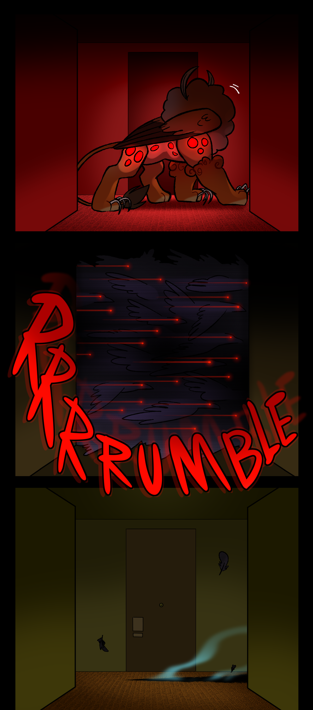 Bodypillow turns his head to face the source of the sound, when the hallway fills with crows. They zoom past, shaking the infrastructure. Text says rumble. When they pass, all that is left of bodypillow is a burnt mark seared into the carpet and the remnants of his soul rising from the stain like smoke.