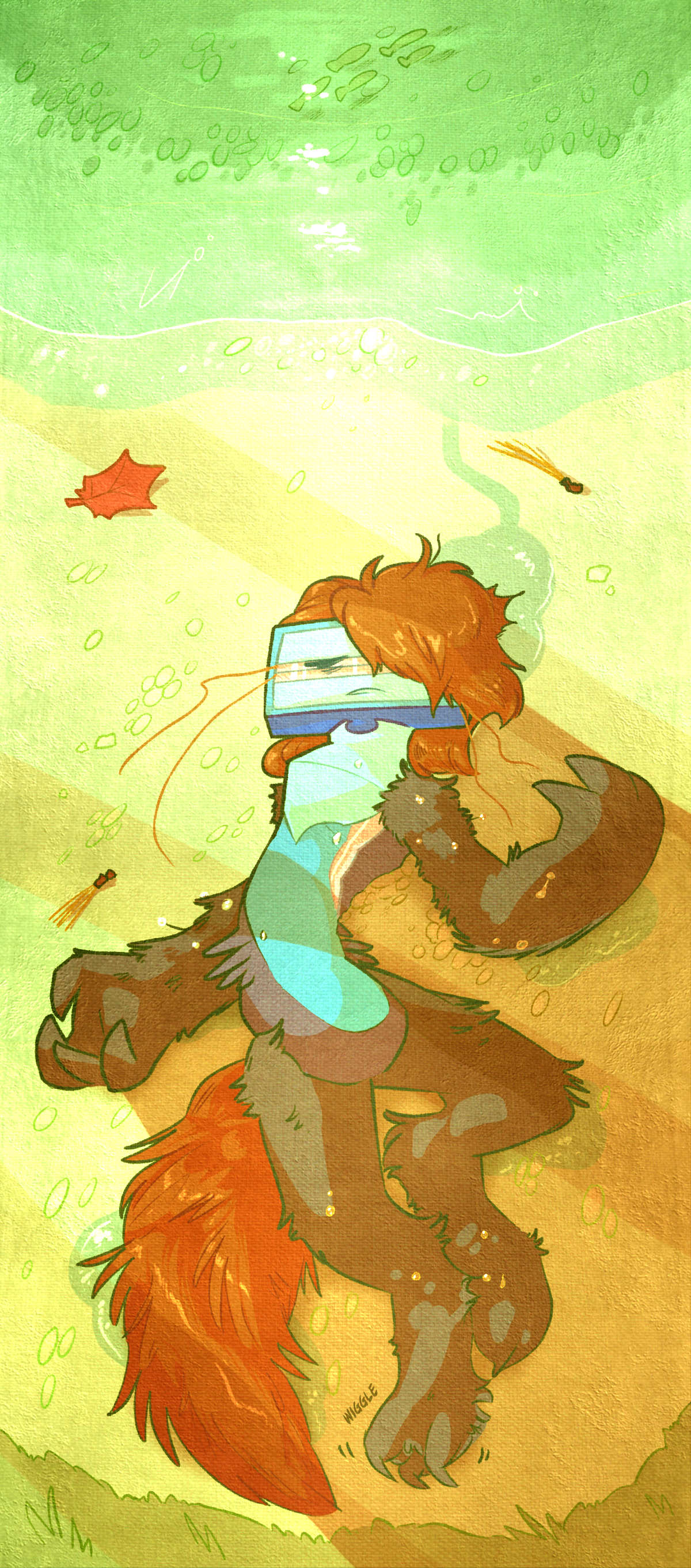 Razor begins to wake up later on the shore of the lake. Text by her toes says wiggle.