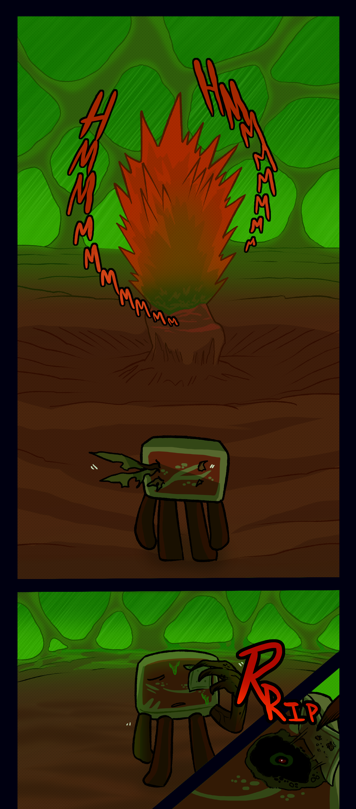 The hivecore at the center of the bed of flesh is humming loudly. Hokkaido stands in front of it while his wings retract. His infested arm raises to pull the bandage off of his eye, making a ripping sound.