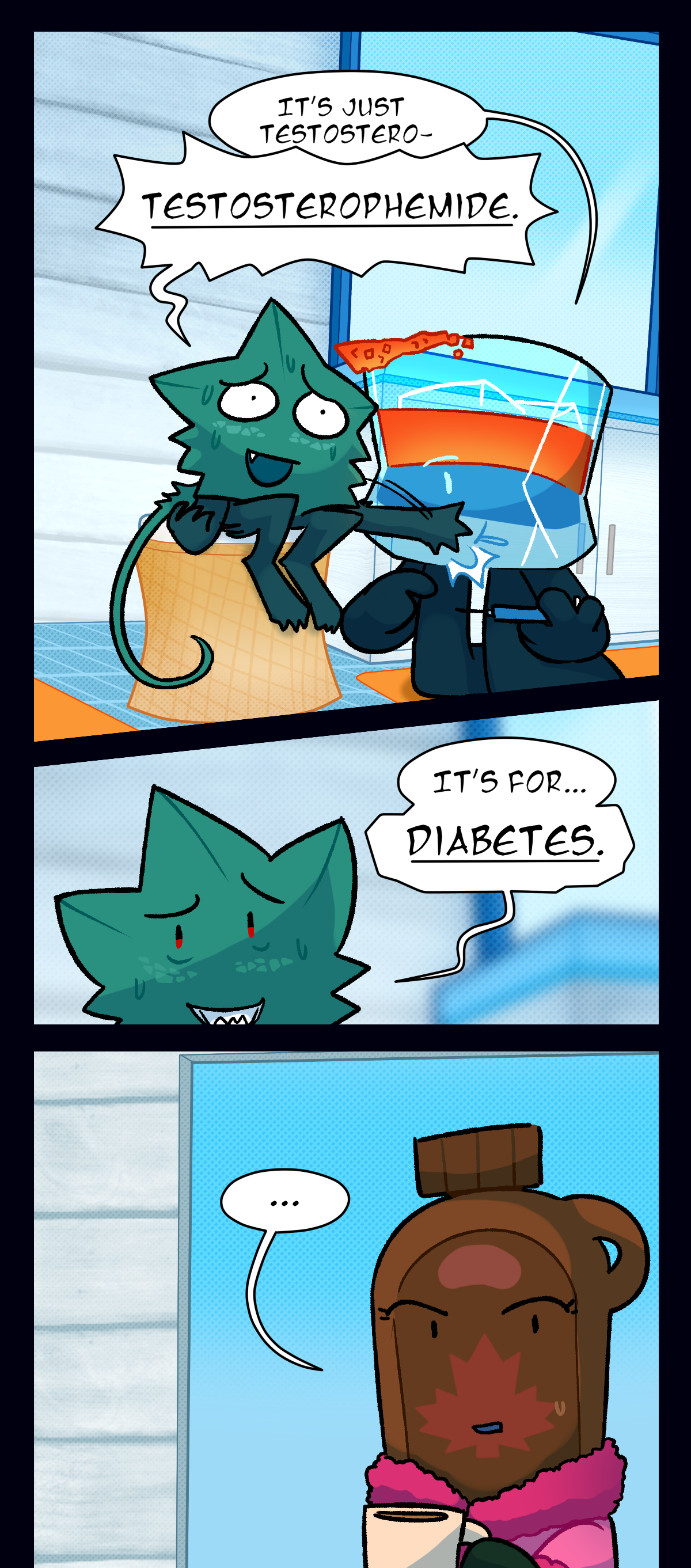 Brandy says, It's just testostero, Minty interrupts saying testosterophemide. Minty says it's for, diabetes.
