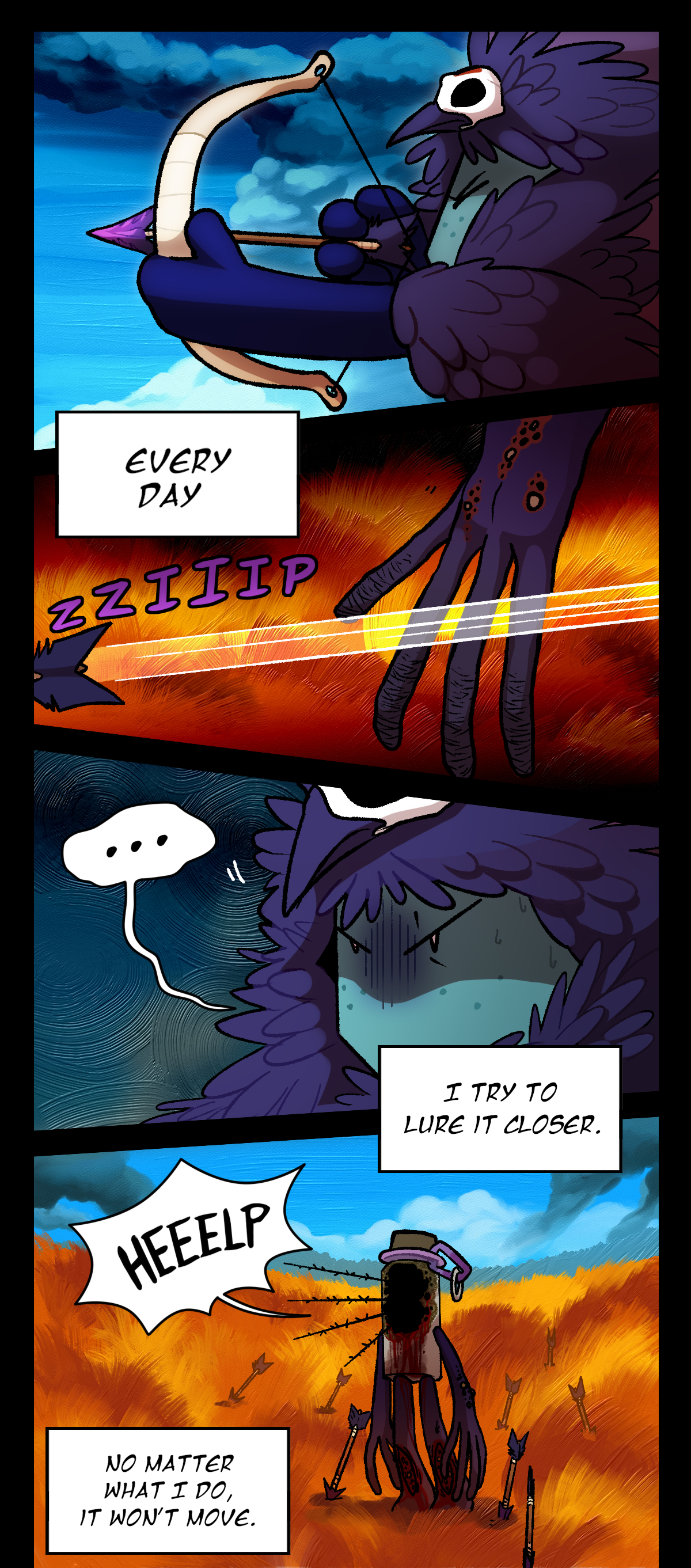 Comet draws their bow again. She thinks, Every day, I try to lure it closer. The arrow flies past the assimilated object's disfigured hand. Text says zip.  It calls for help again. Comet thinks, No matter what I do, it won't move.