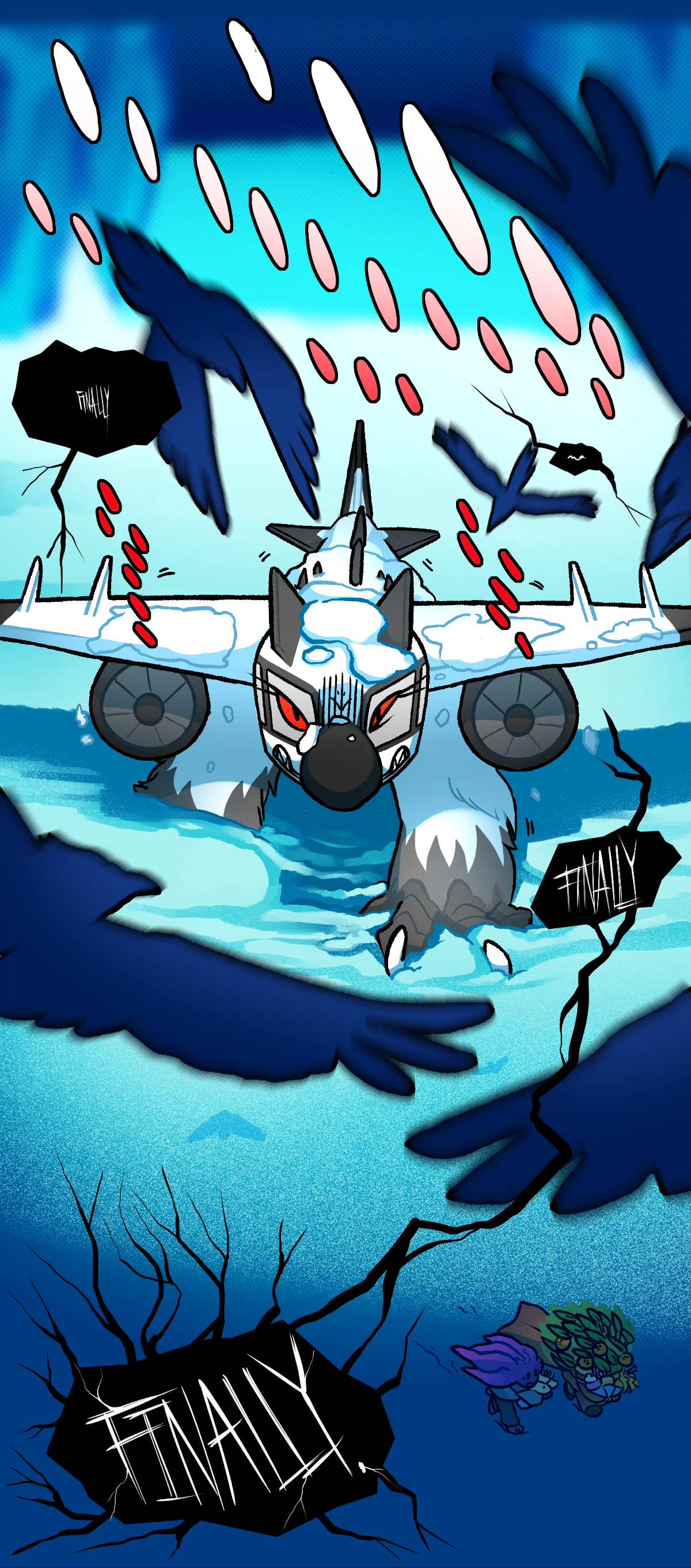 Airplane stands up from the snow, facing the birds with a grimace on her face. The birds speak to her telepathically, repeating the word Finally, louder and louder as the couple run away.