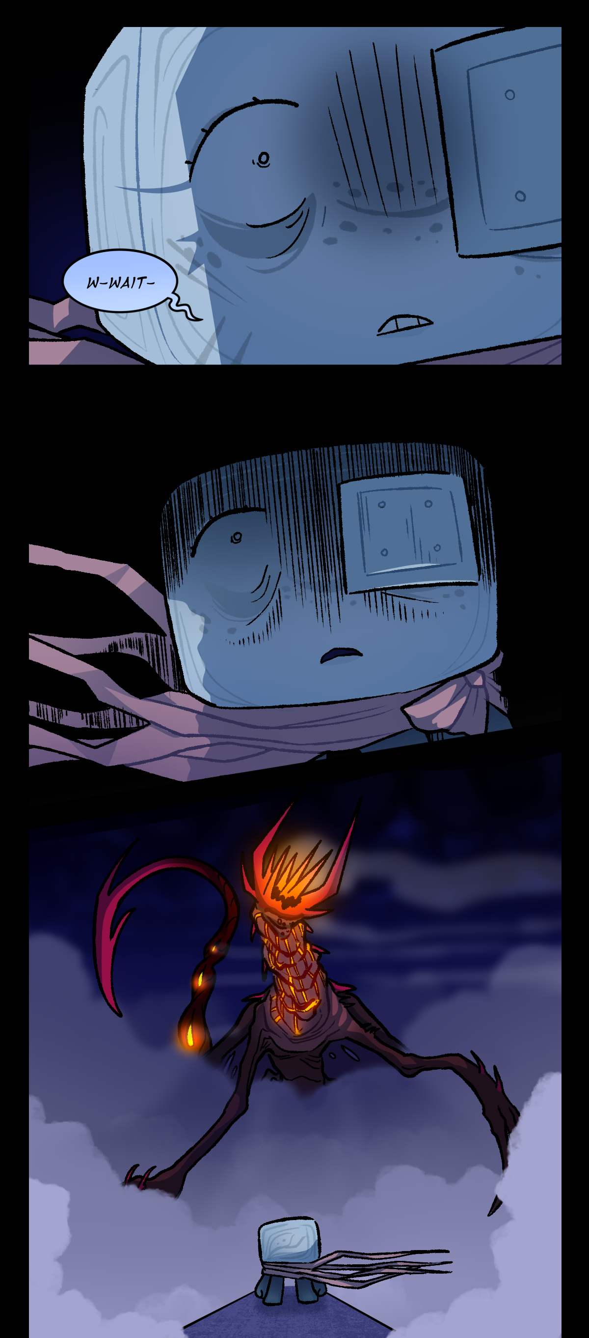 Hokkaido stutters, Wait. Dragonscale's shadow casts against his body and face, deforming in the next panel as Hokkaido's gaze trails upwards. Dragonscale, assimilated, stands before him. Her body, twisted and large, glows with an unstable warmth that bleeds from her neck. Her face is replaced by jagged red spines, her tail contorted into a stinger.