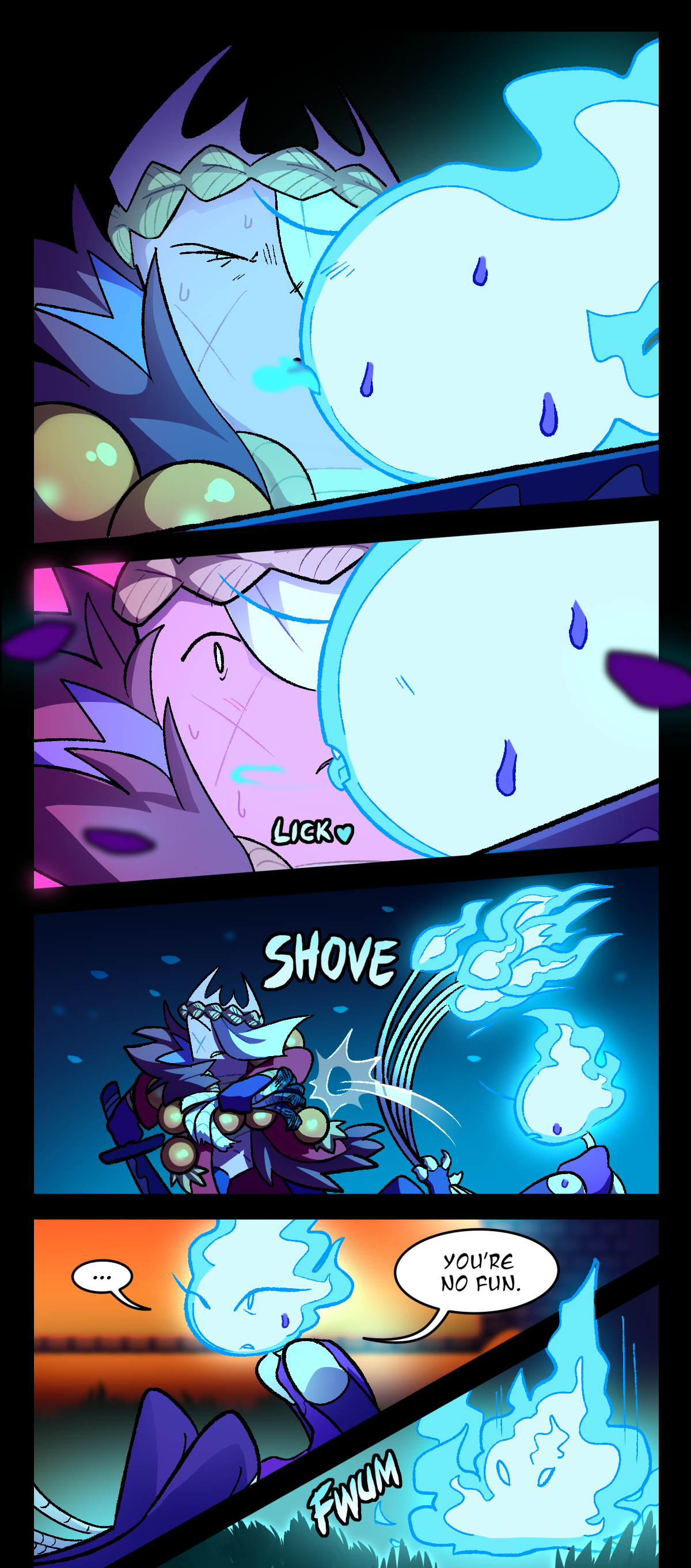 Wick begins to feed, using Gum's life force to regain some of her energy. She licks Gum's lower lip, taking her by surprise. Gum shoves her away. Wick stares at her, before saying, You're no fun. Text describes the sound of fire flaring as Wick transform again into something much smaller.